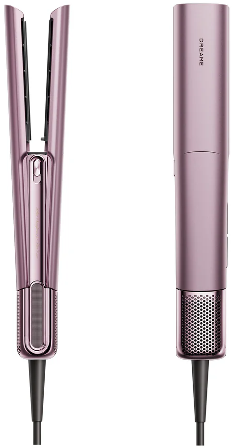 Ein pinker Haarglätter, links offen und rechts geschlossen gezeigt.