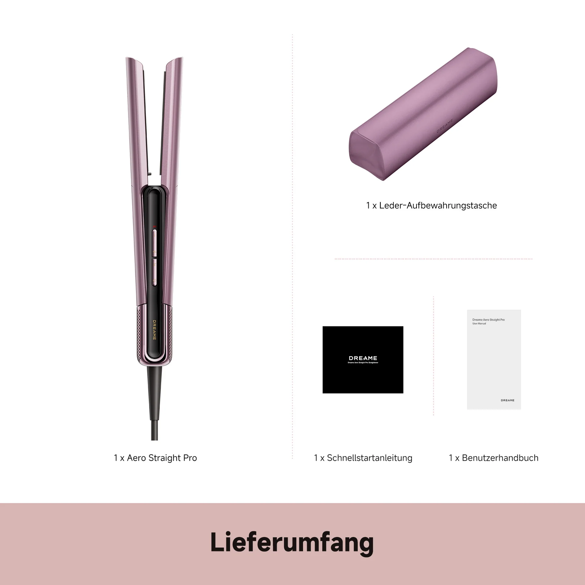 Ein pinker Haarglätter, eine Tasche, ein Handbuch und eine Anleitung.