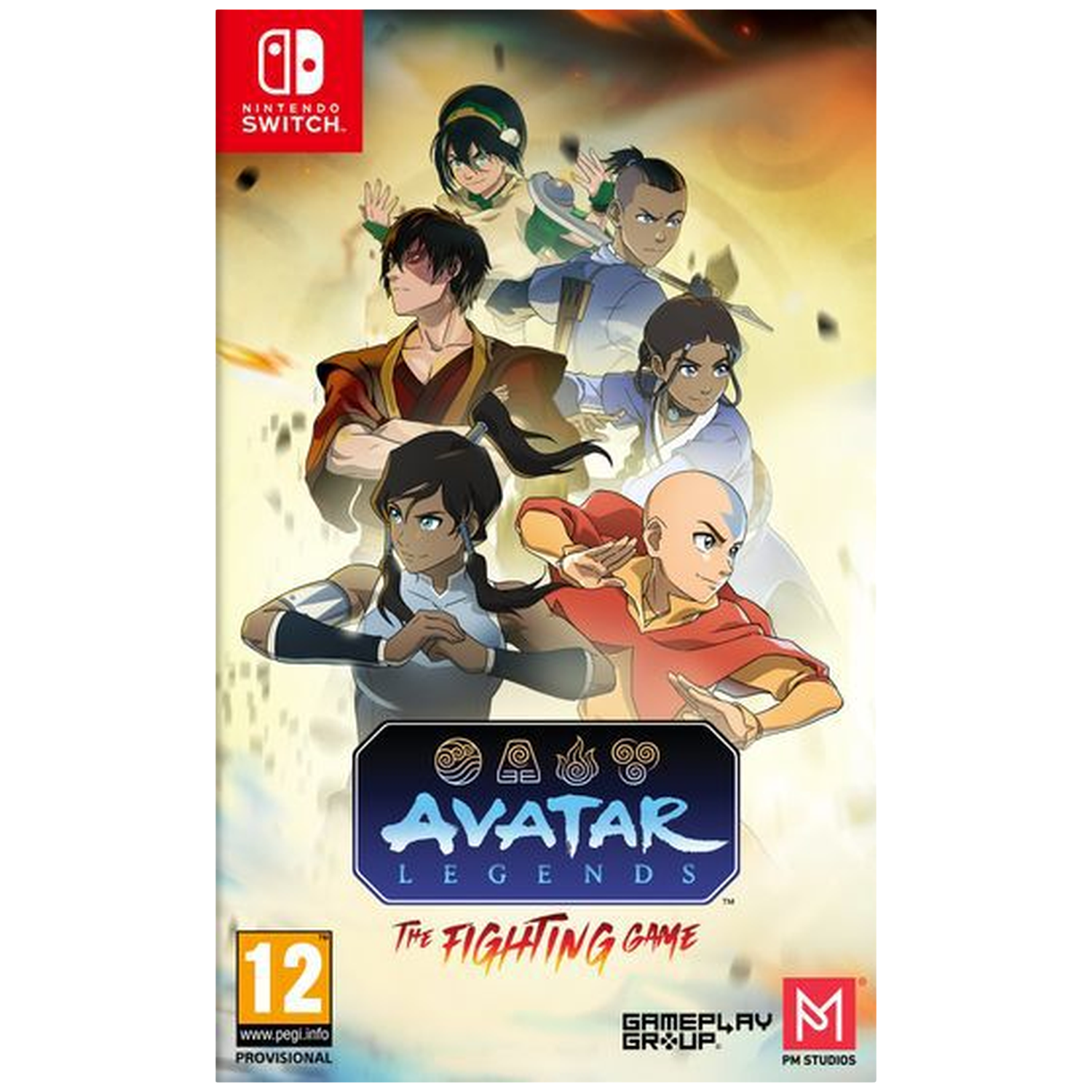 Nintendo Switch-gamecover voor Avatar Legends: The Fighting Game, met personages uit de serie.