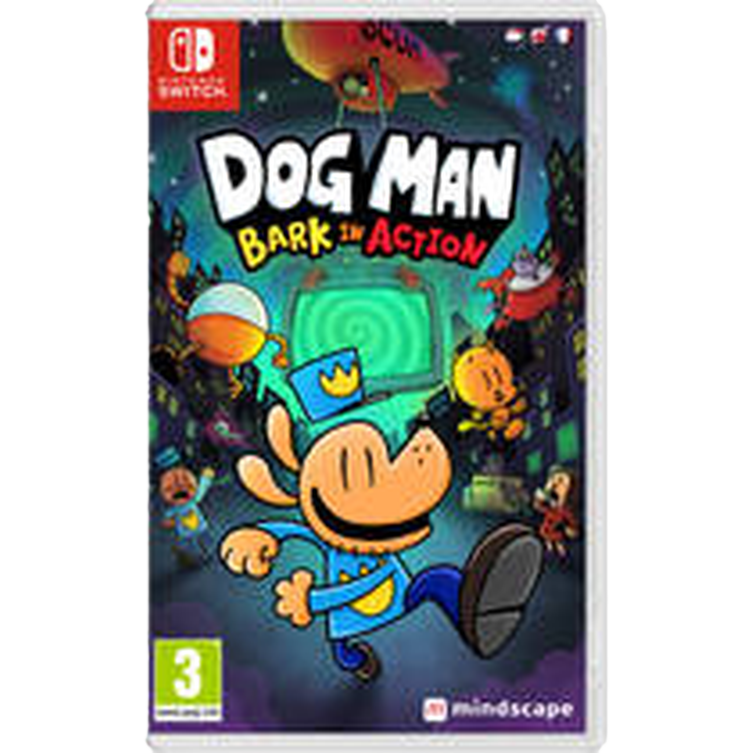 Dog Man: Bark in Action Nintendo Switch gamecover met Dog Man als politieagent.