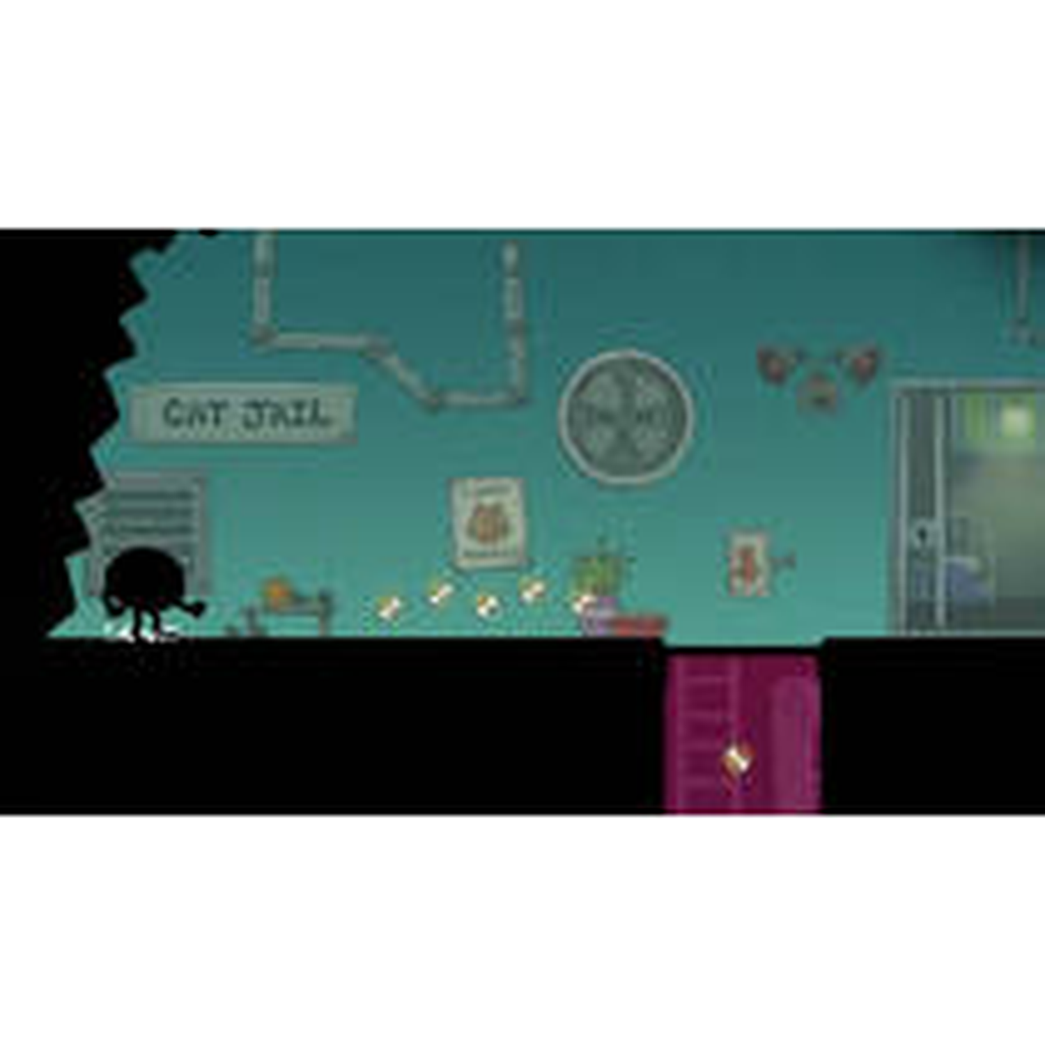 Een schaduwfiguur staat voor een bord met "CAT JAIL".