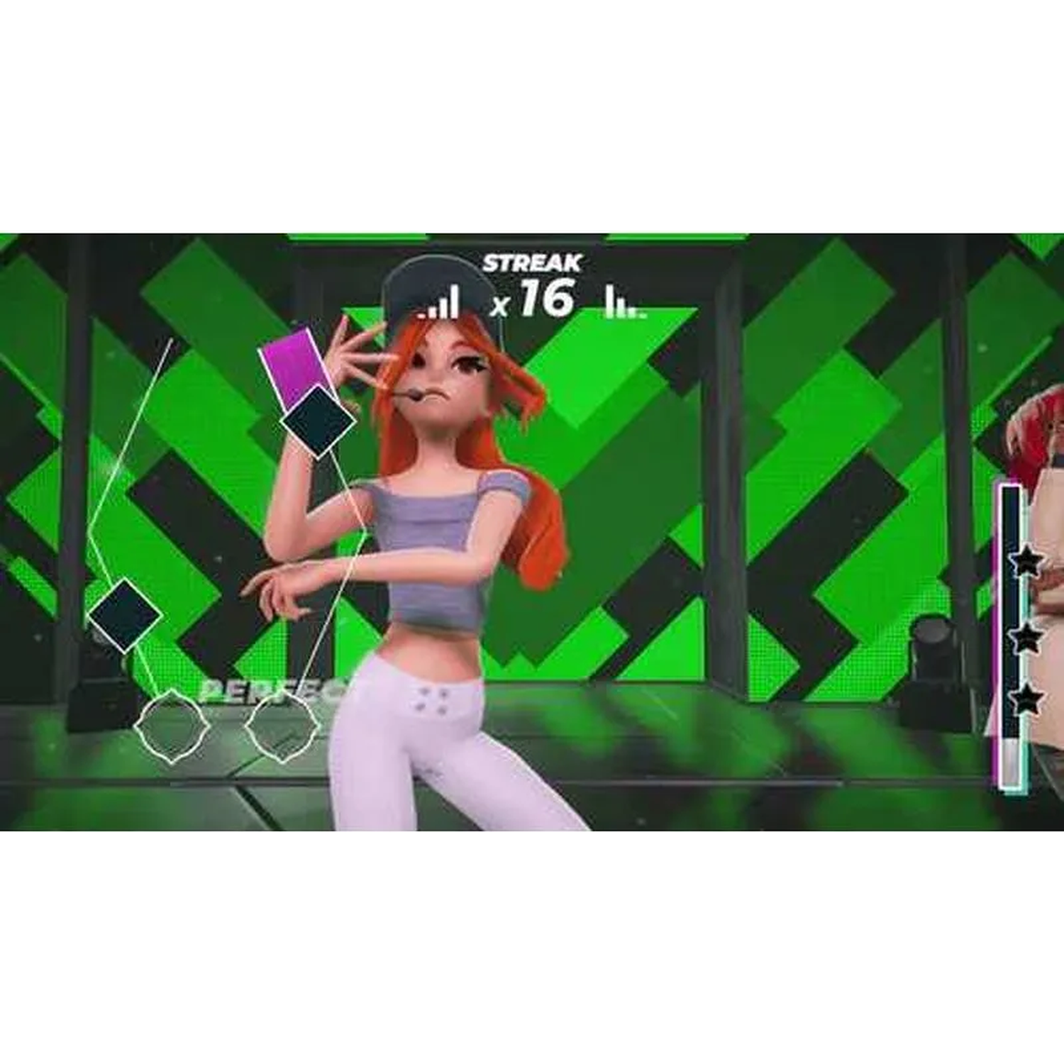 Een cartoonmeisje met rood haar danst op een groen podium met muzieknoten.