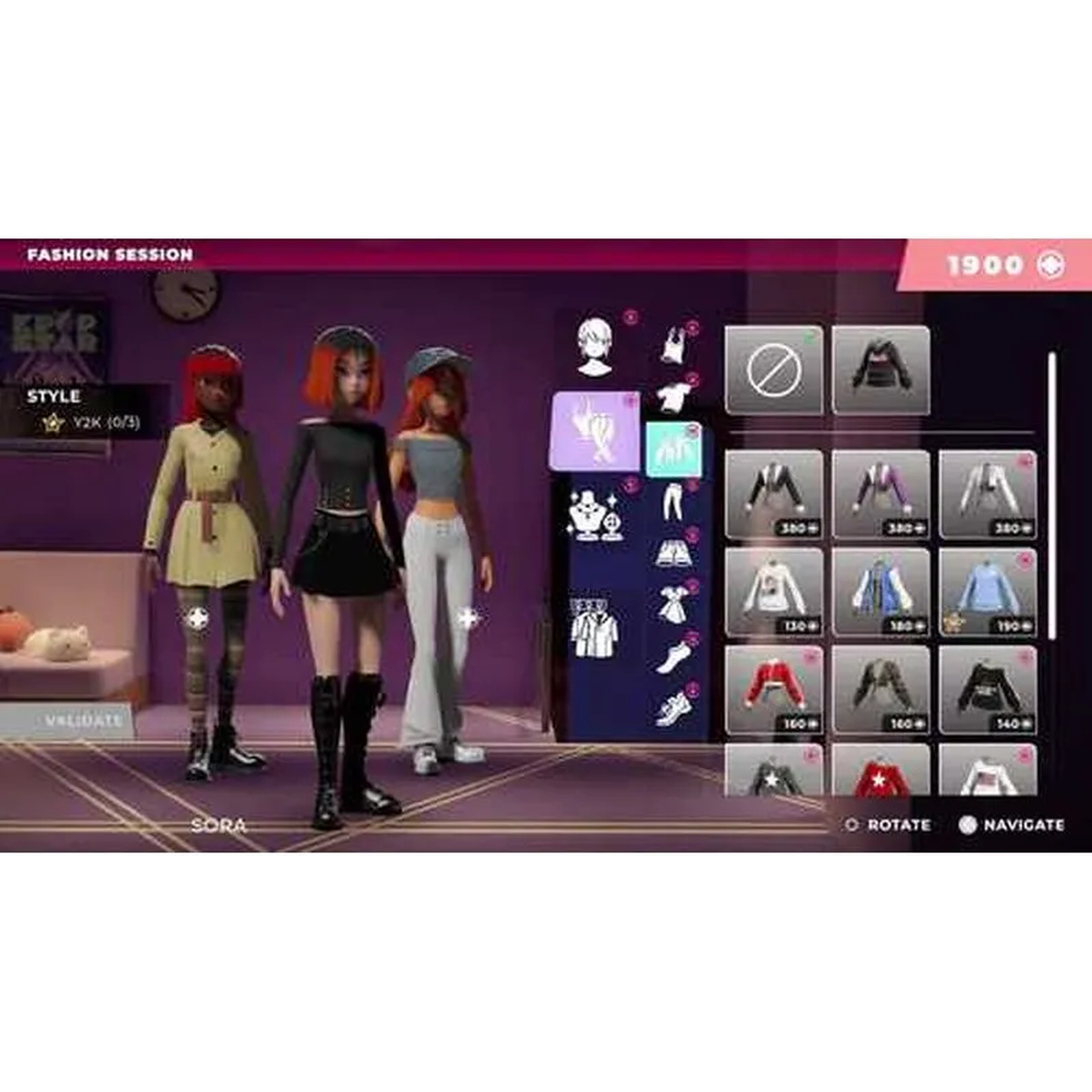 Drie avatars in een mode-aanpassingsmenu met kledingopties.