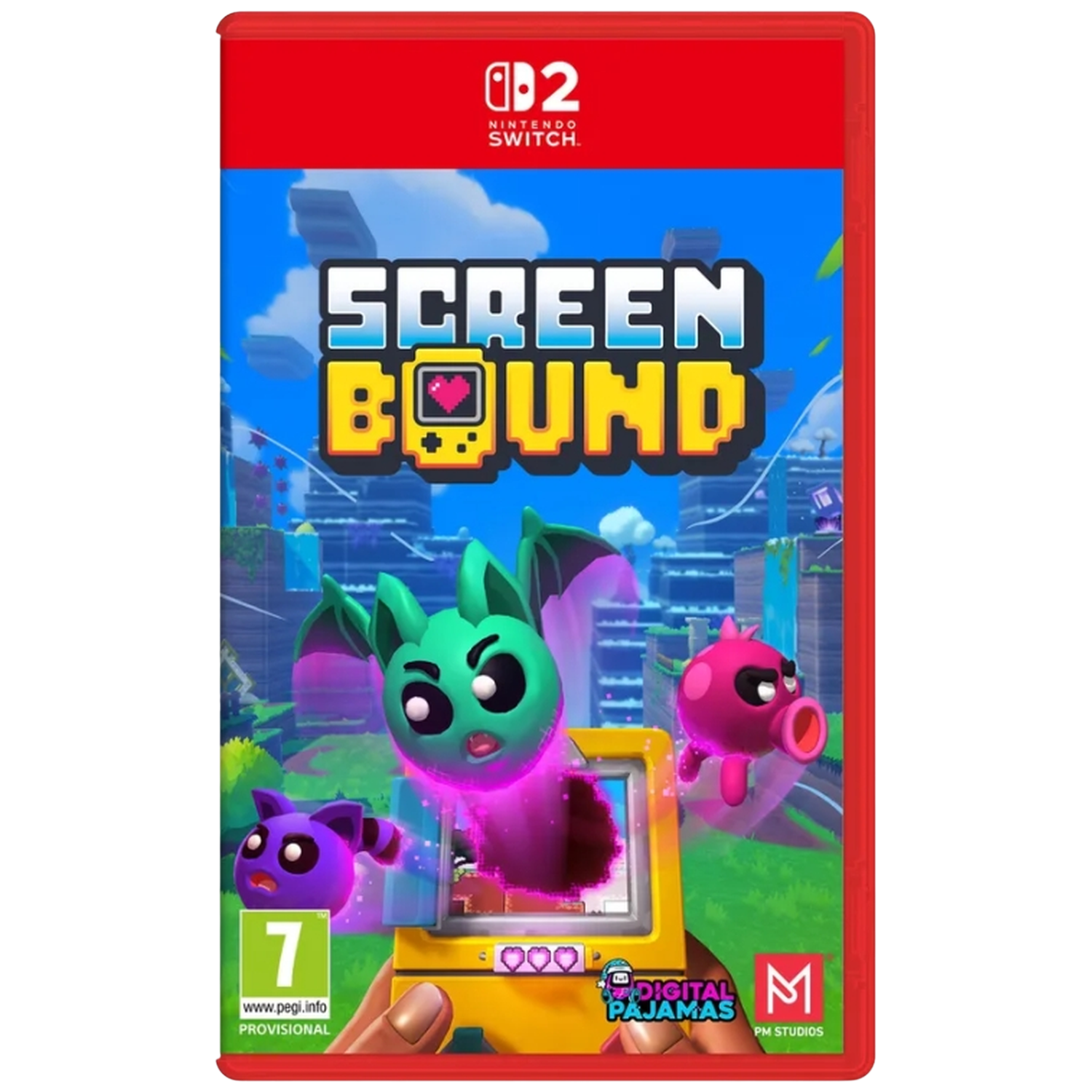 Spelcassette met stripfiguren en de titel SCREEN BOUND voor een stadsgezicht.