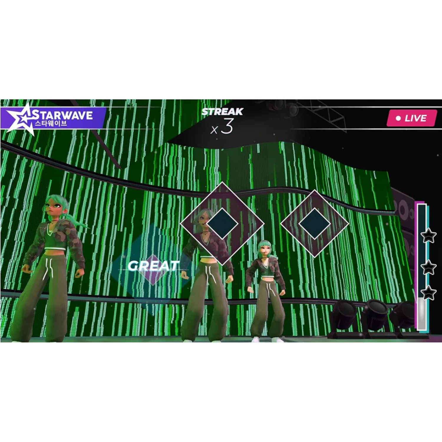 Drie cartoon dansers in groene outfits treden op op een podium met groene lichten.