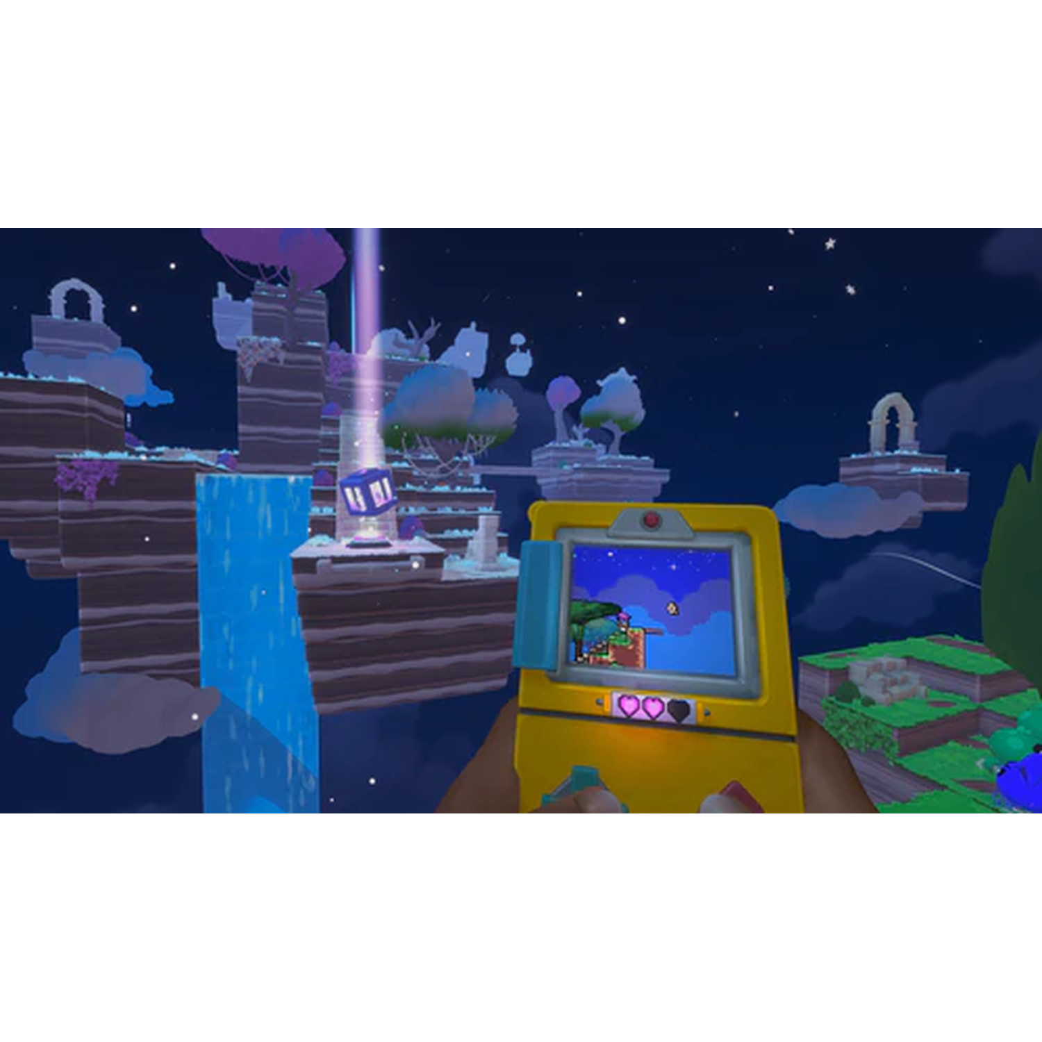 Een gele handheldconsole toont een pixelwereld met zwevende eilanden en watervallen.