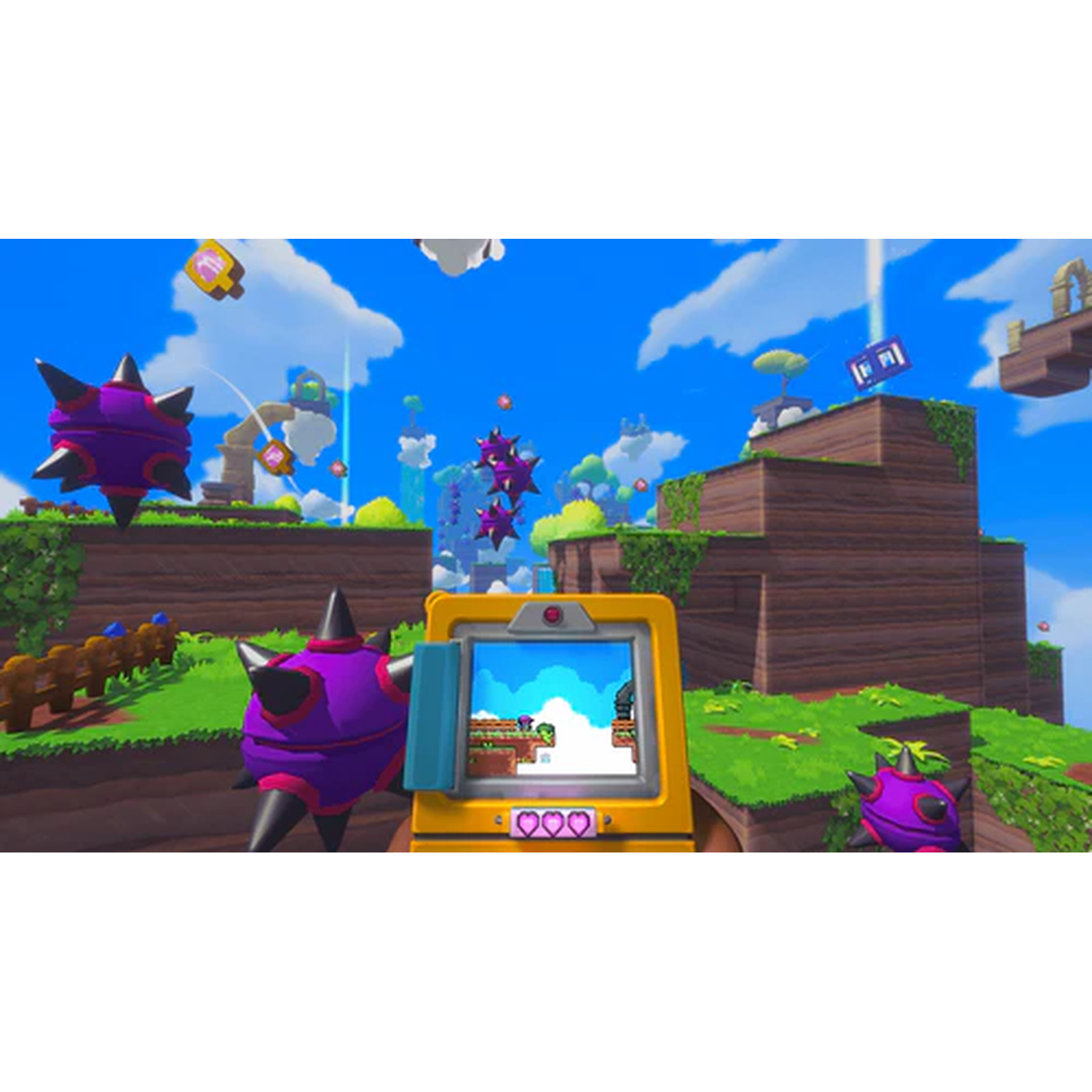 Een heldere, cartoonachtige videogamescène met paarse stekelige vijanden en zwevende platforms.