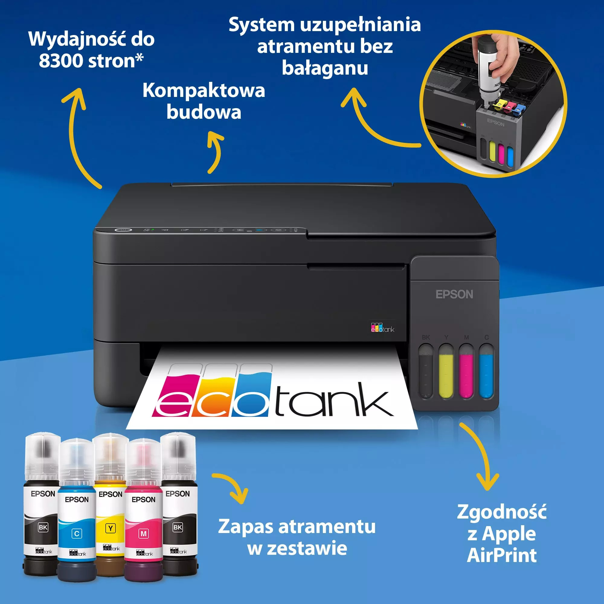 Drukarka Epson EcoTank z butelkami z atramentem, wydrukowaną stroną i tekstem na niebieskim tle.