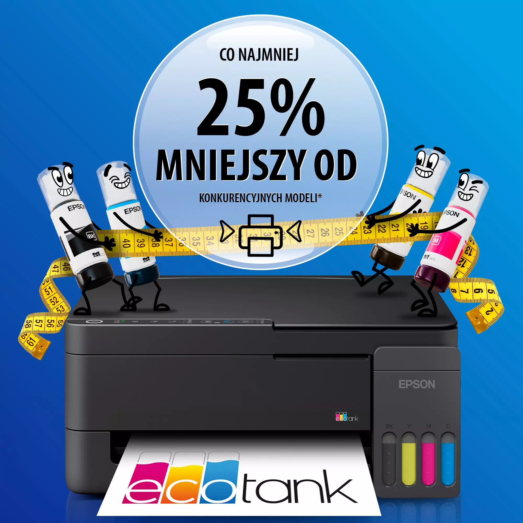 Drukarka Epson EcoTank z butelkami z tuszem trzymającymi żółtą miarkę.