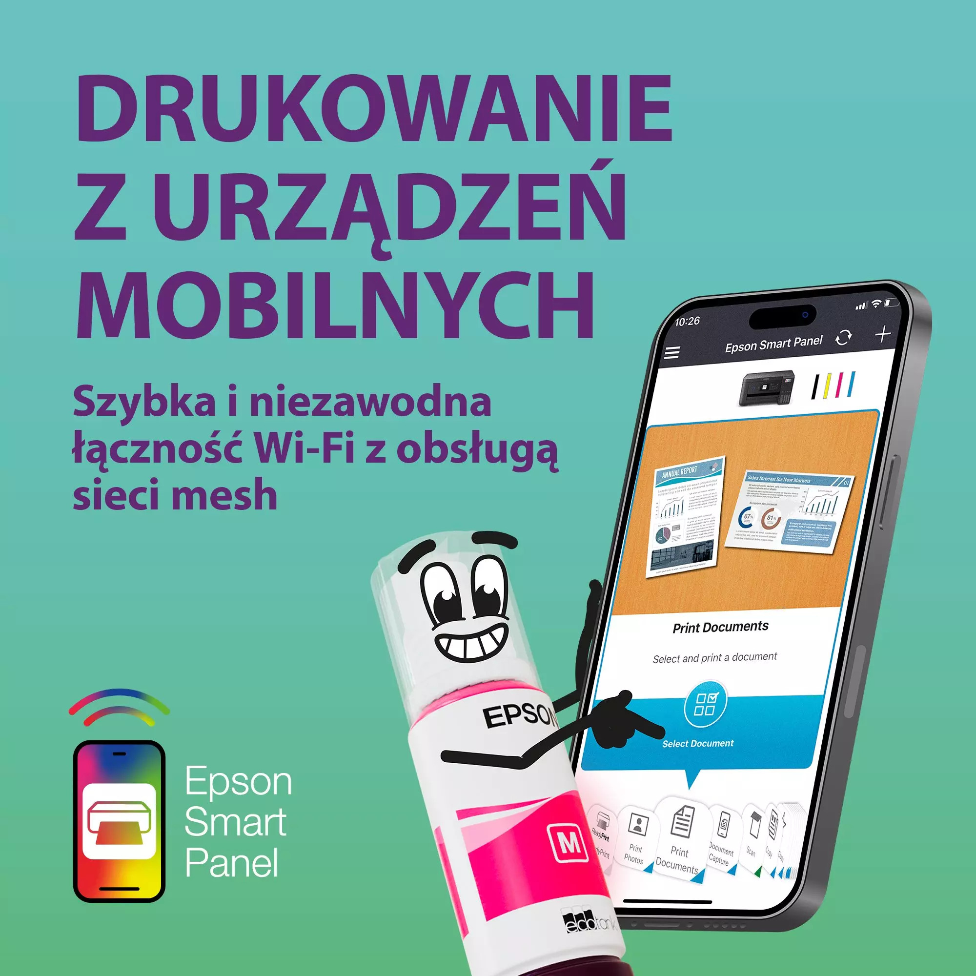 Smartfon z aplikacją Epson Smart Panel i maskotka butelki z tuszem na turkusowym tle z tekstem.