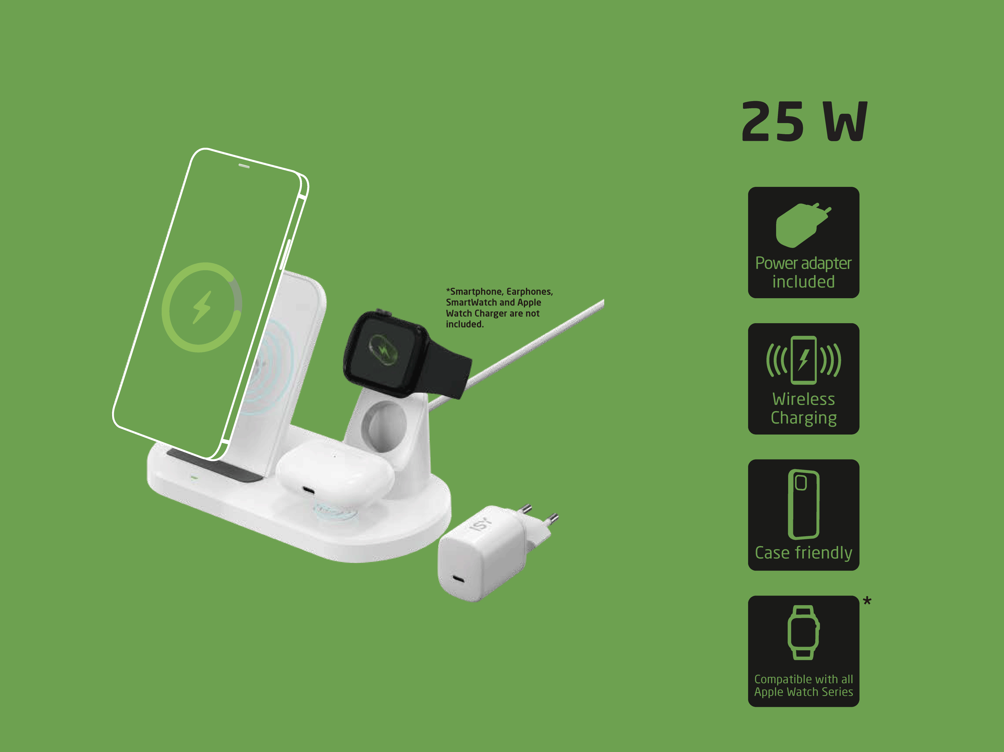 Ein 25-W-Ladegerät mit Smartphone, Smartwatch und Ohrhörer-Ladestation.