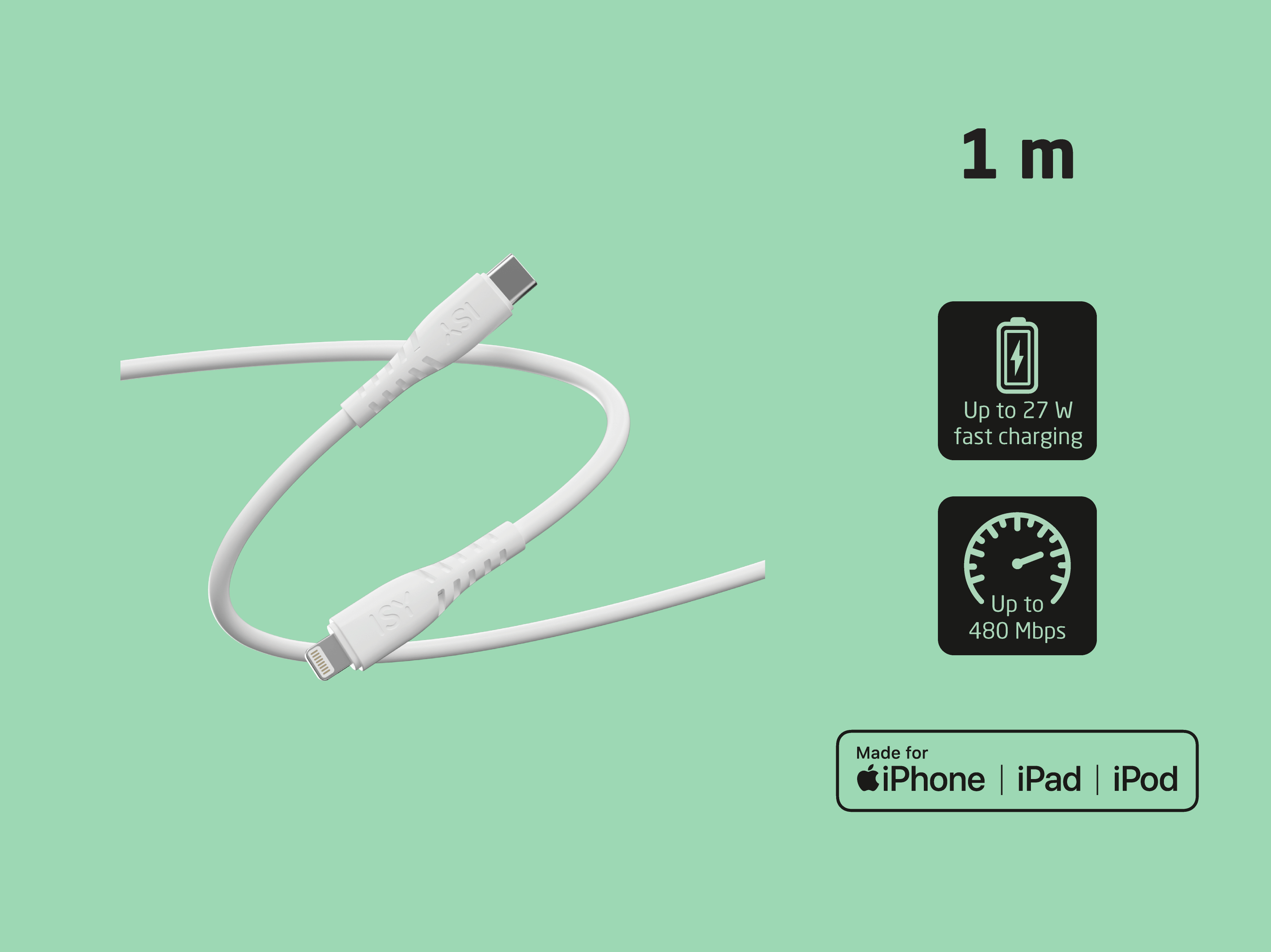 Biały kabel ładujący 1m z USB-C i Lightning, szybkie ładowanie 27W.