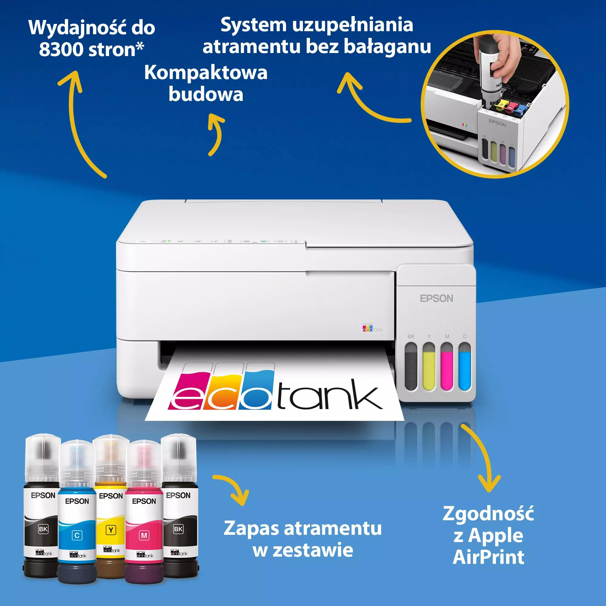 Drukarka Epson EcoTank z pojemnikami na atrament, butelkami i polskim tekstem.