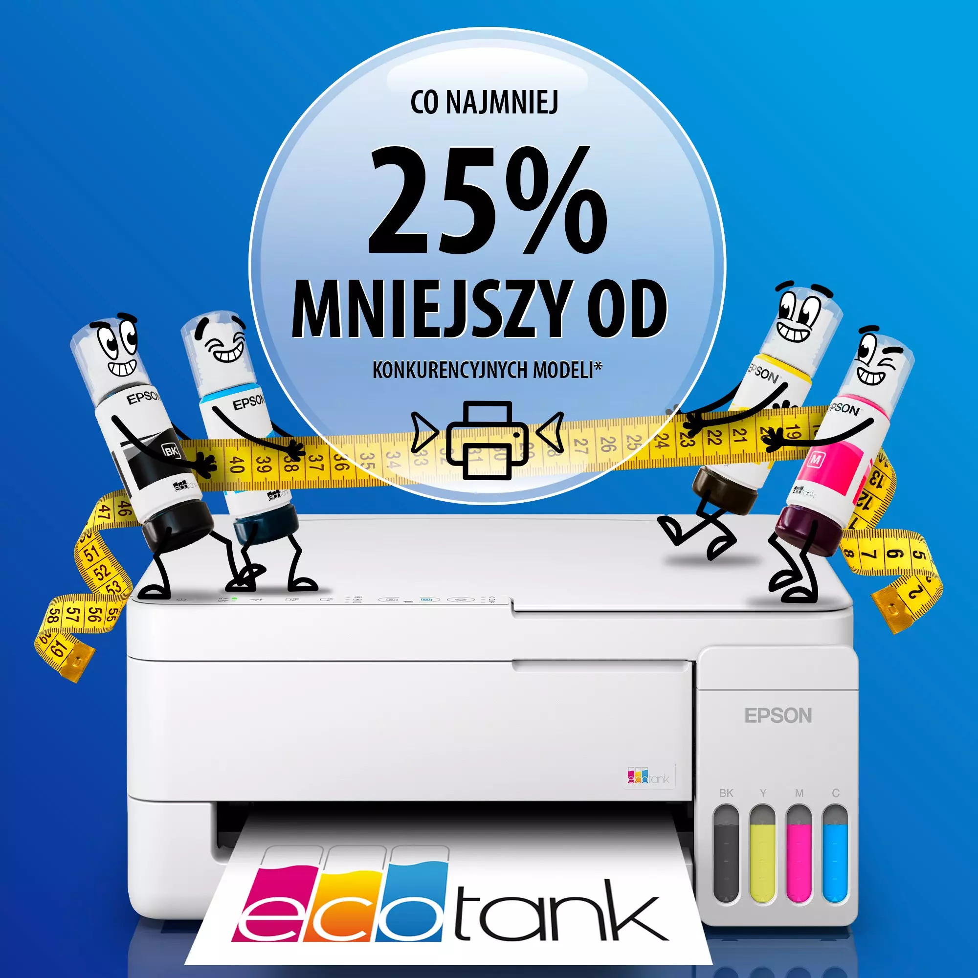 Cztery butelki z atramentem w postaci kreskówek naciągają miarkę wokół białej drukarki Epson EcoTank.