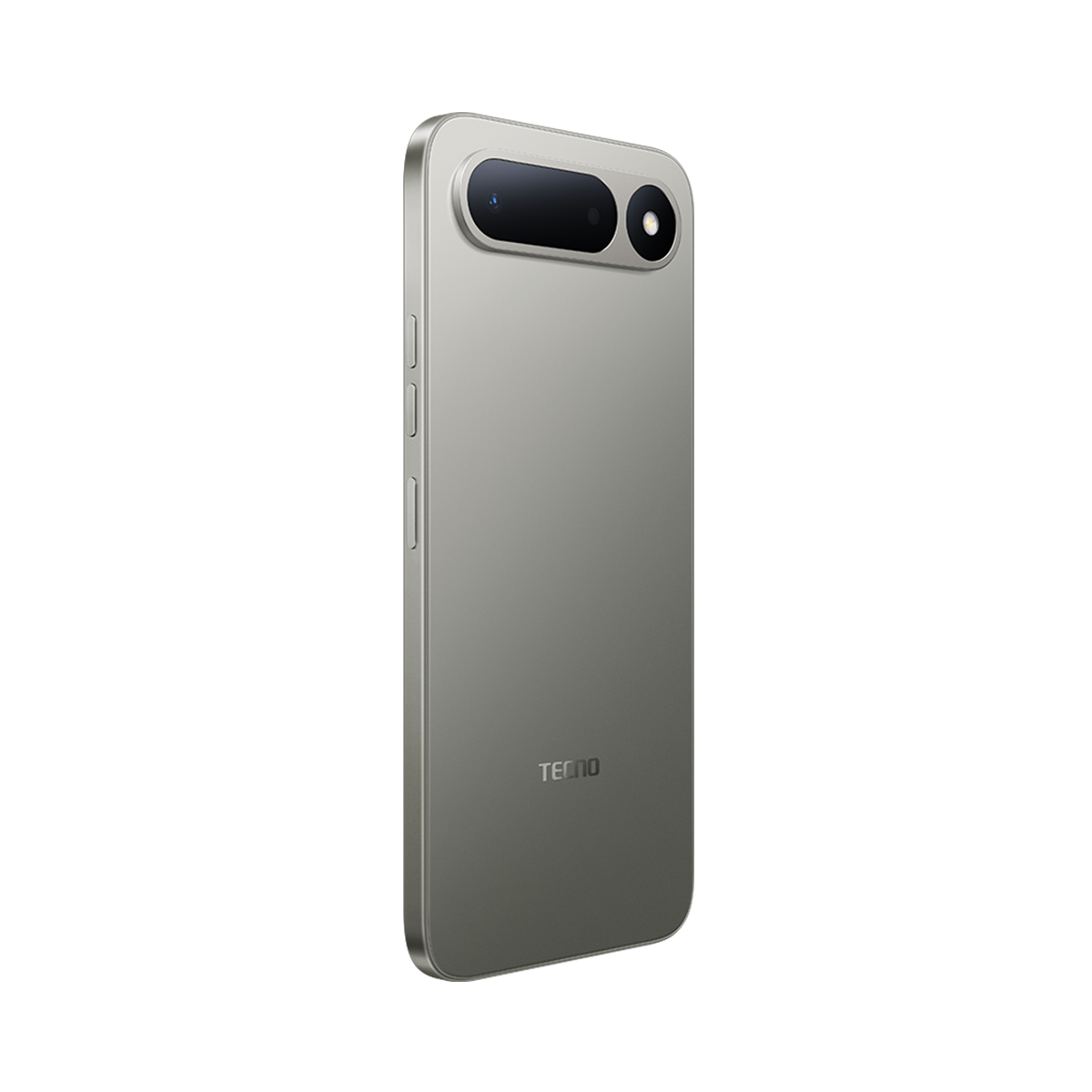 İki kameralı gümüş akıllı telefonun arkası ve TECNO logosu.