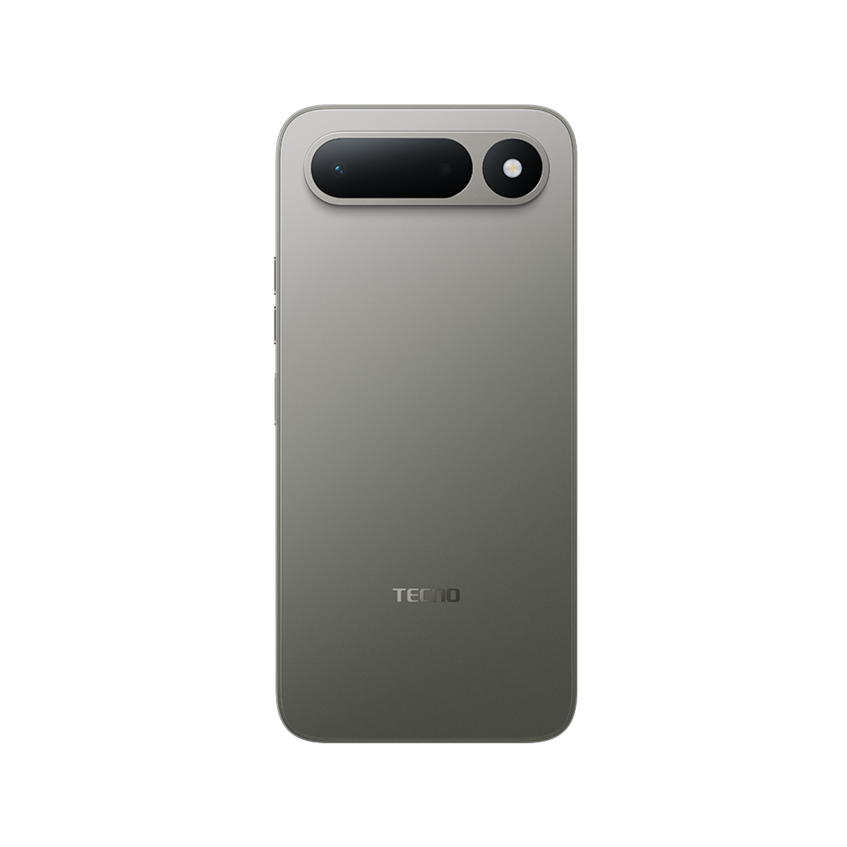 TECNO logolu ve iki kameralı gri akıllı telefonun arkası.