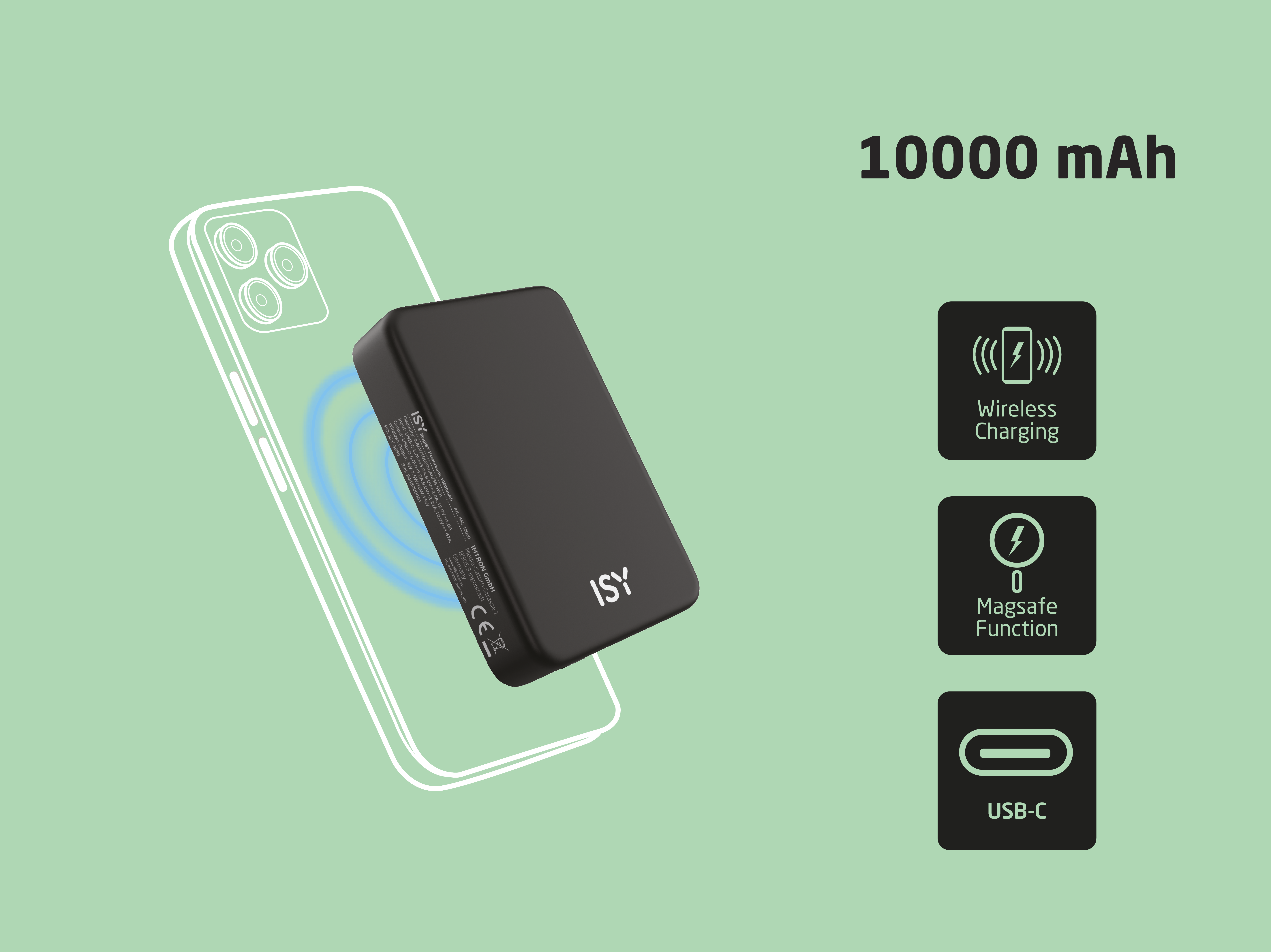Schwarzes ISY Powerbank mit 10000mAh, lädt ein Handy kabellos per MagSafe & USB-C.