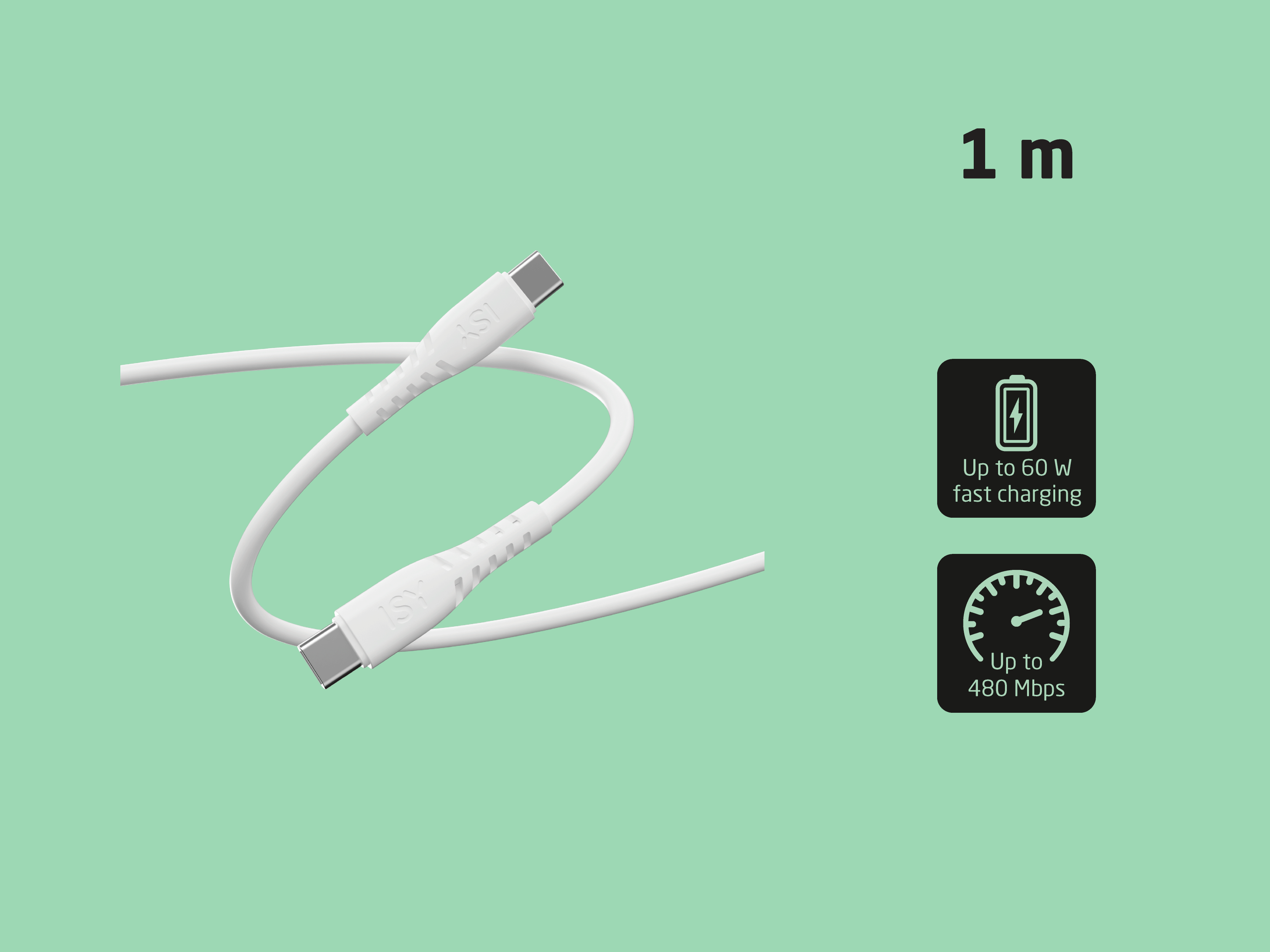 Biały kabel USB-C, długość 1m, obsługa szybkiego ładowania 60W i 480 Mbps.