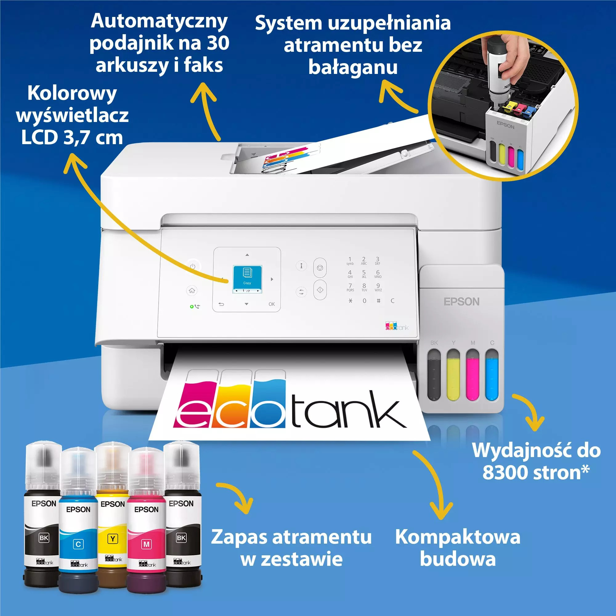 Drukarka Epson EcoTank ze zbiornikami z atramentem na niebieskim tle z polskim tekstem.