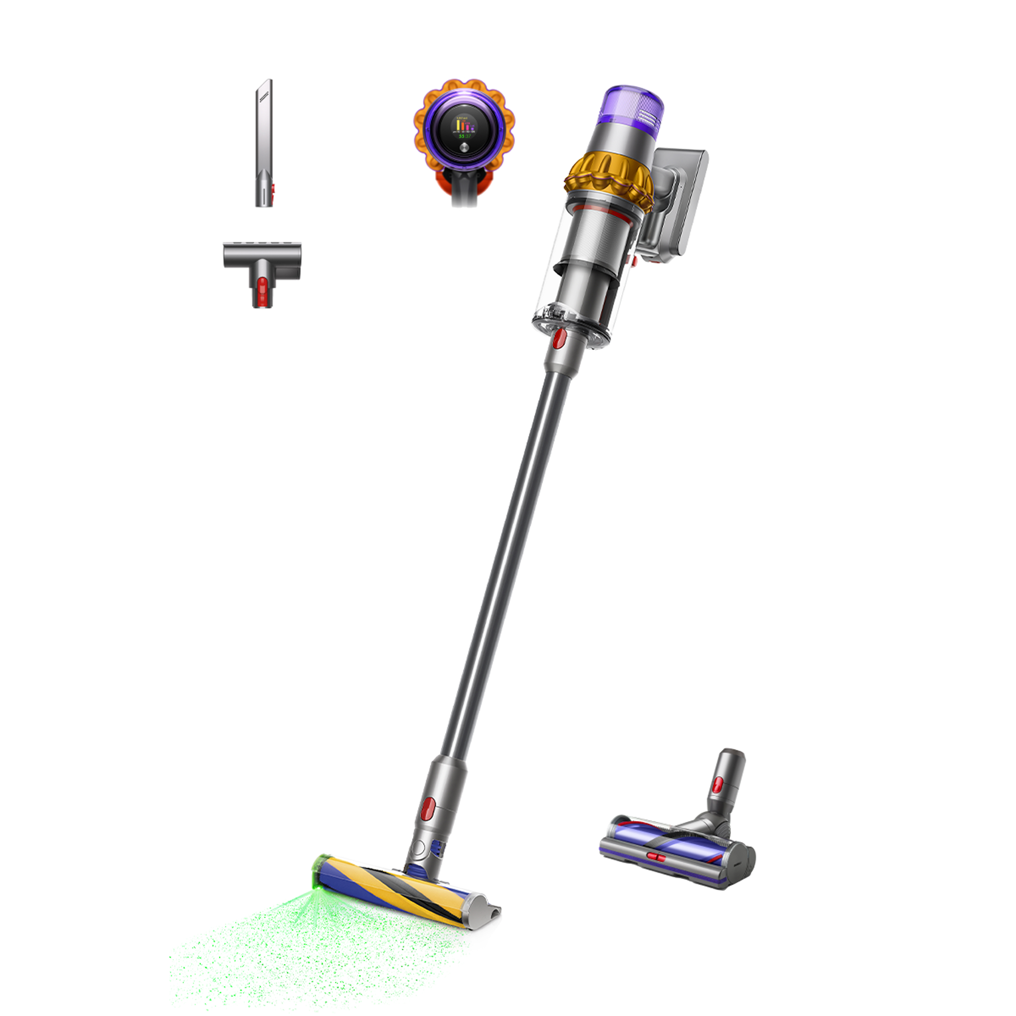 Aspiradora Dyson con accesorios y pulverizador de partículas verdes.
