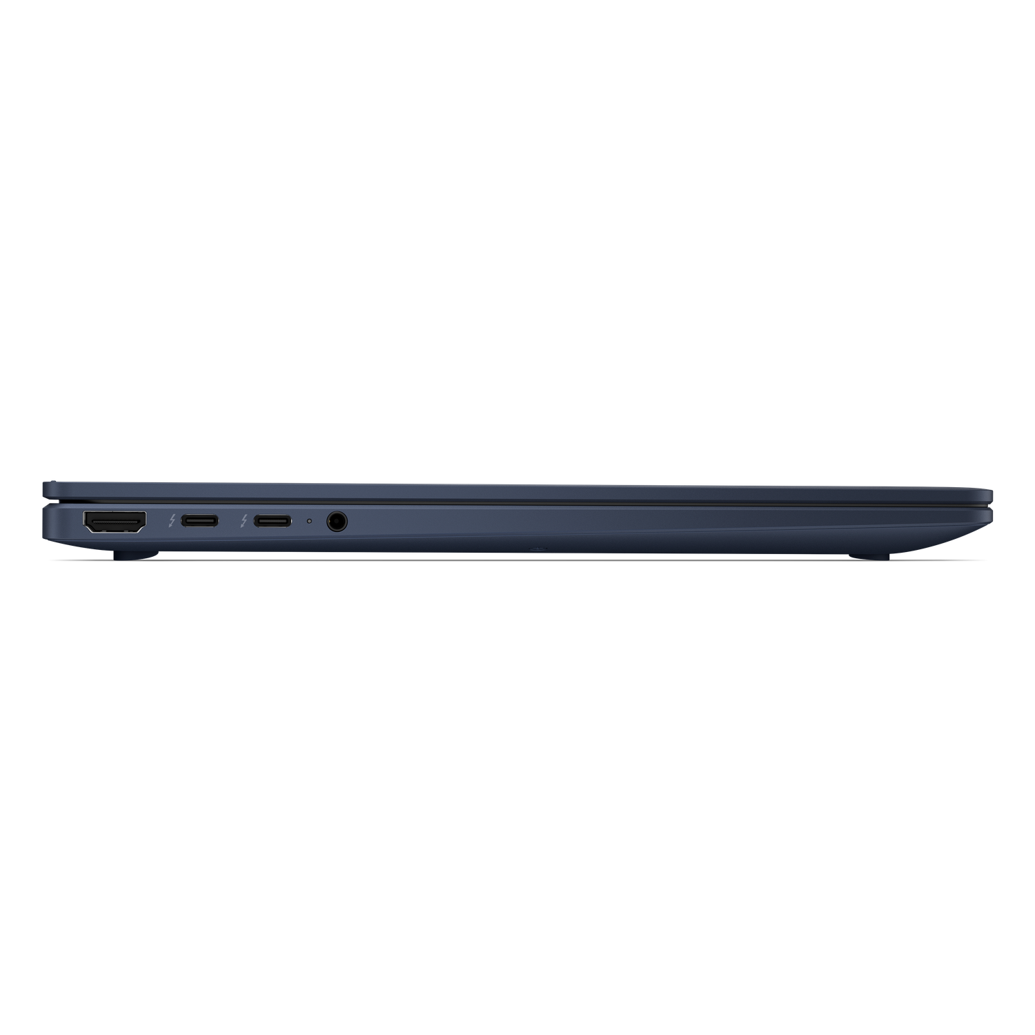 Donkerblauwe laptop zijkant met HDMI, 2 Thunderbolt-poorten en koptelefoonaansluiting.