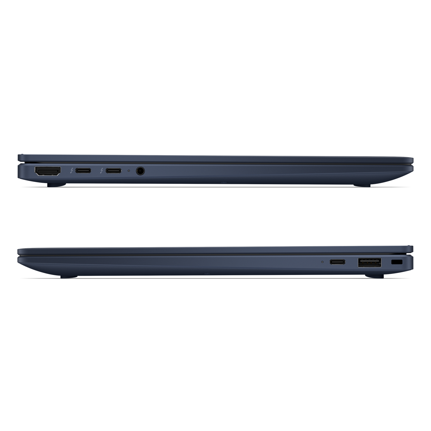 Een blauwe laptop van de zijkant, met poorten zoals HDMI, USB-C en audio jack.