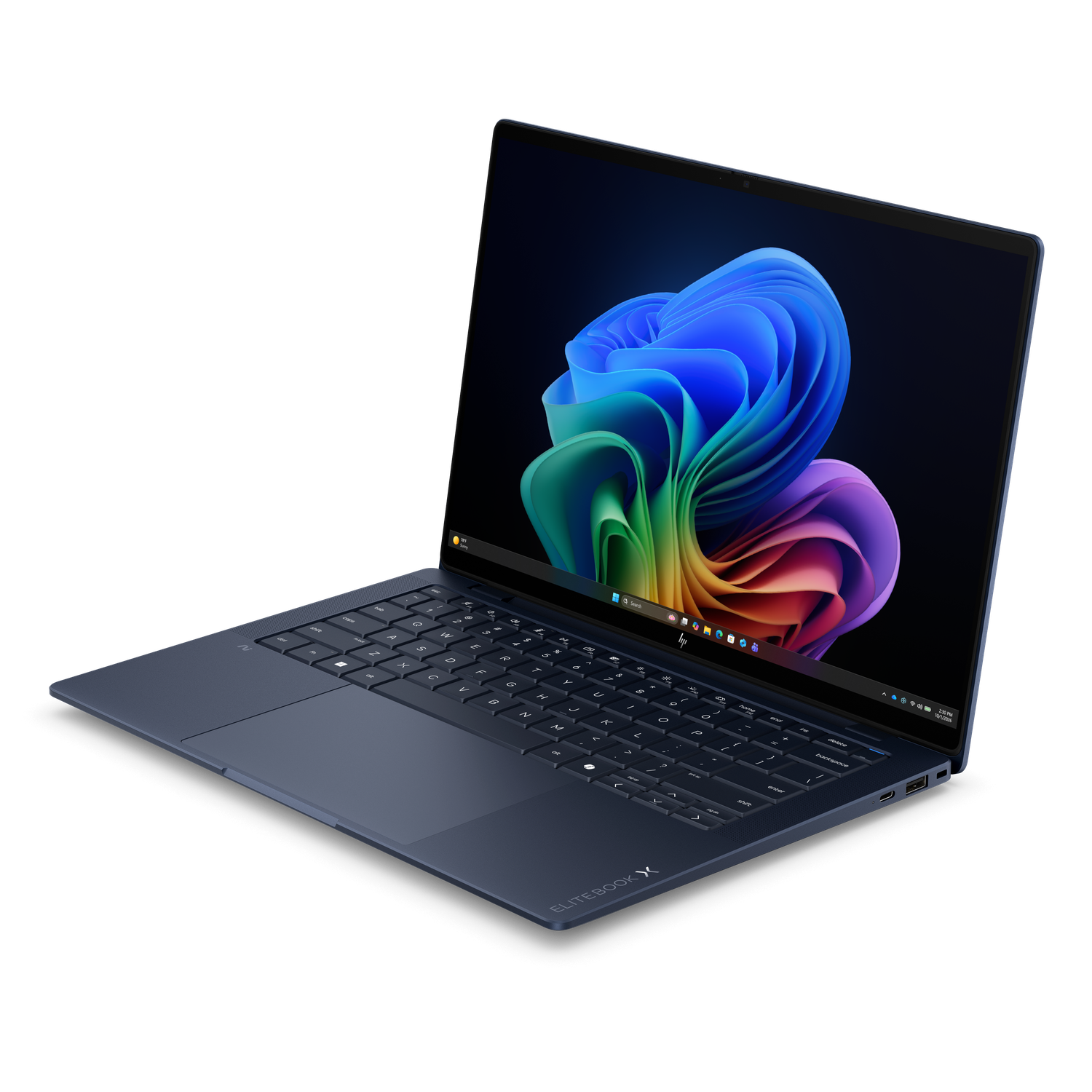 Een donkerblauwe laptop met een kleurrijke achtergrond op het scherm.