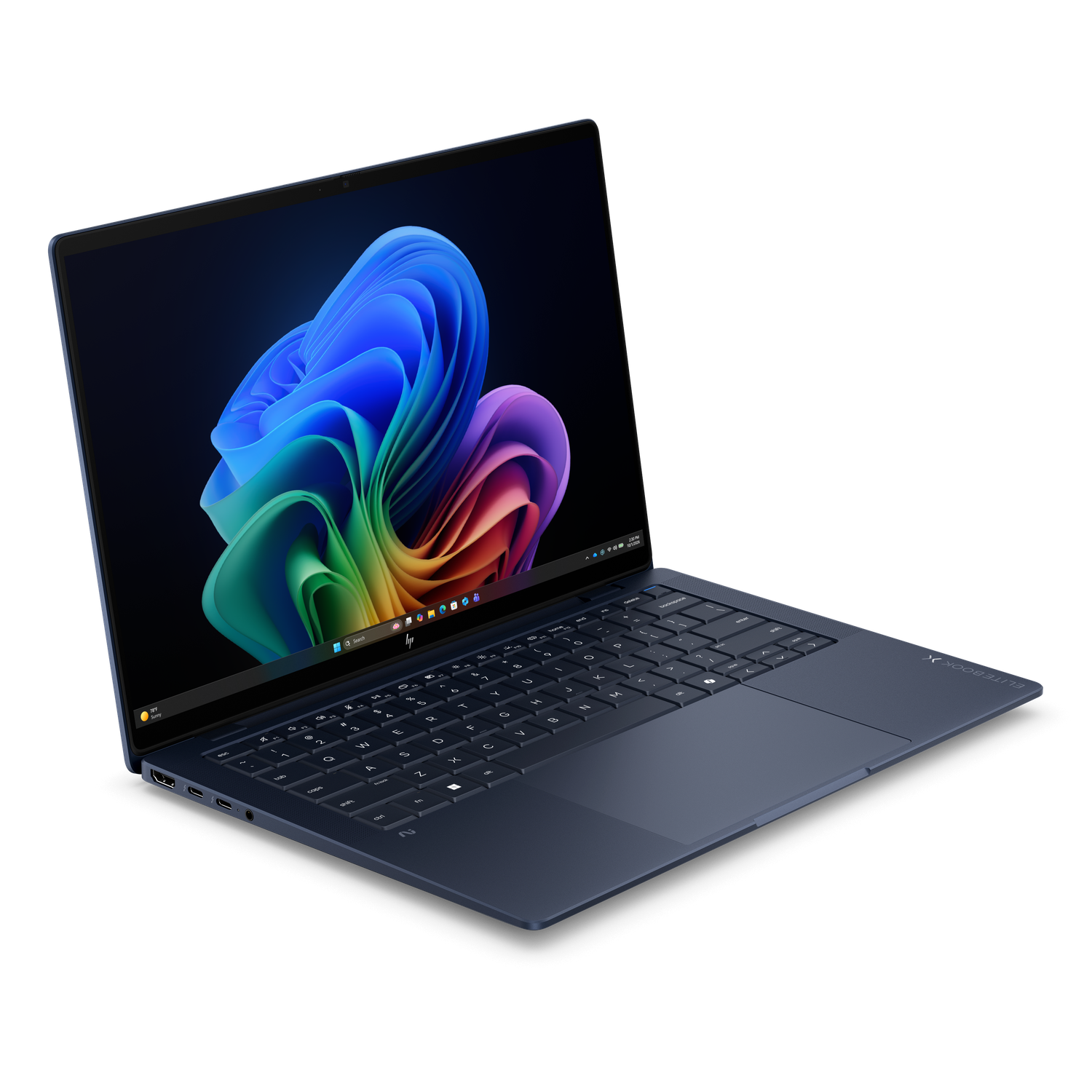 Donkerblauwe HP Elitebook laptop met kleurrijke achtergrond, zijdelings bekeken.