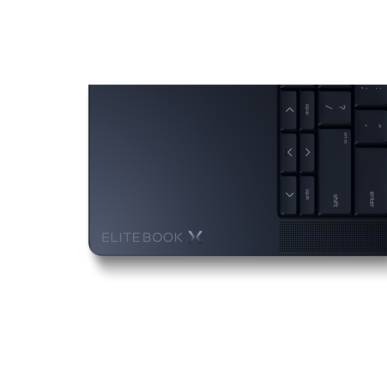 Donkerblauw Elitebook met toetsenbord en verlicht logo.
