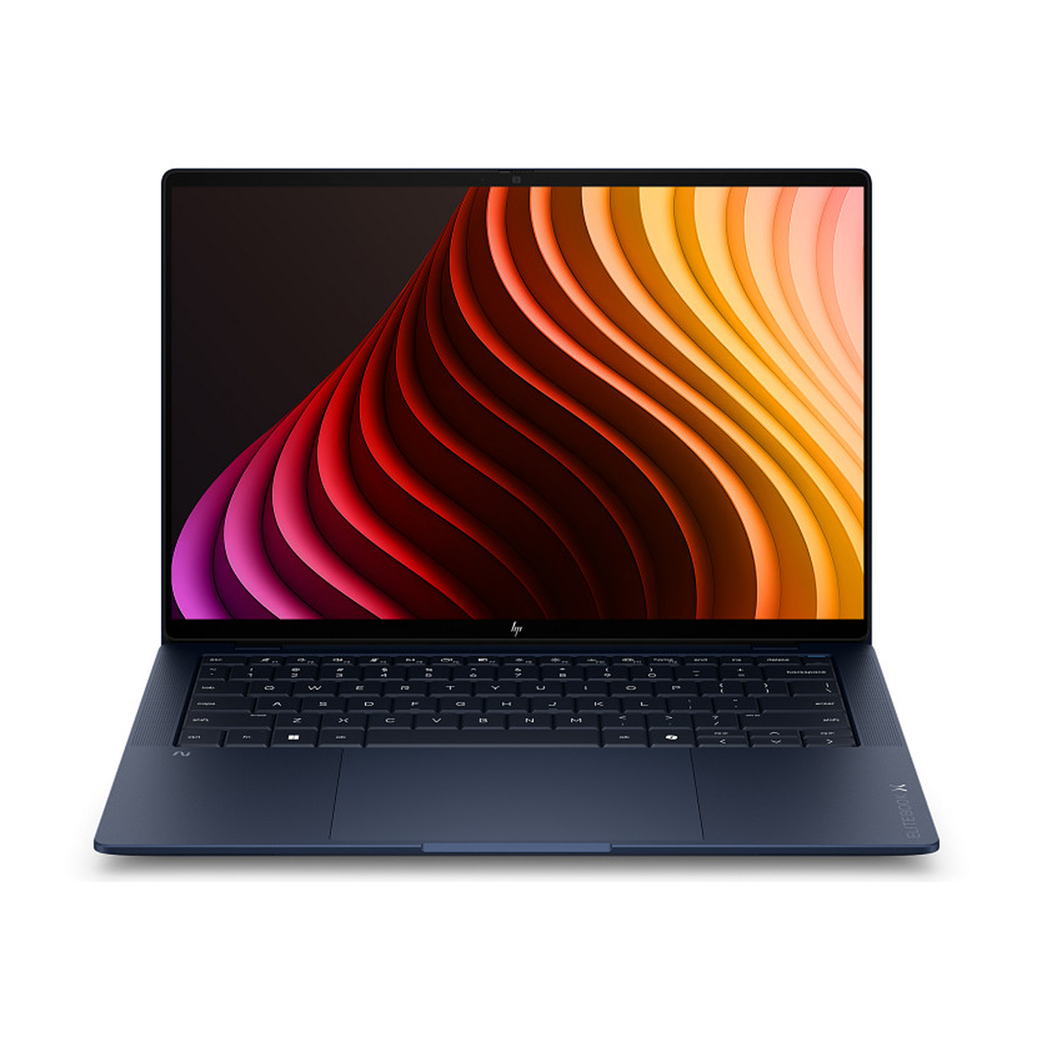 Een donkerblauwe HP Elitebook laptop met een kleurige, abstracte achtergrond op het scherm.