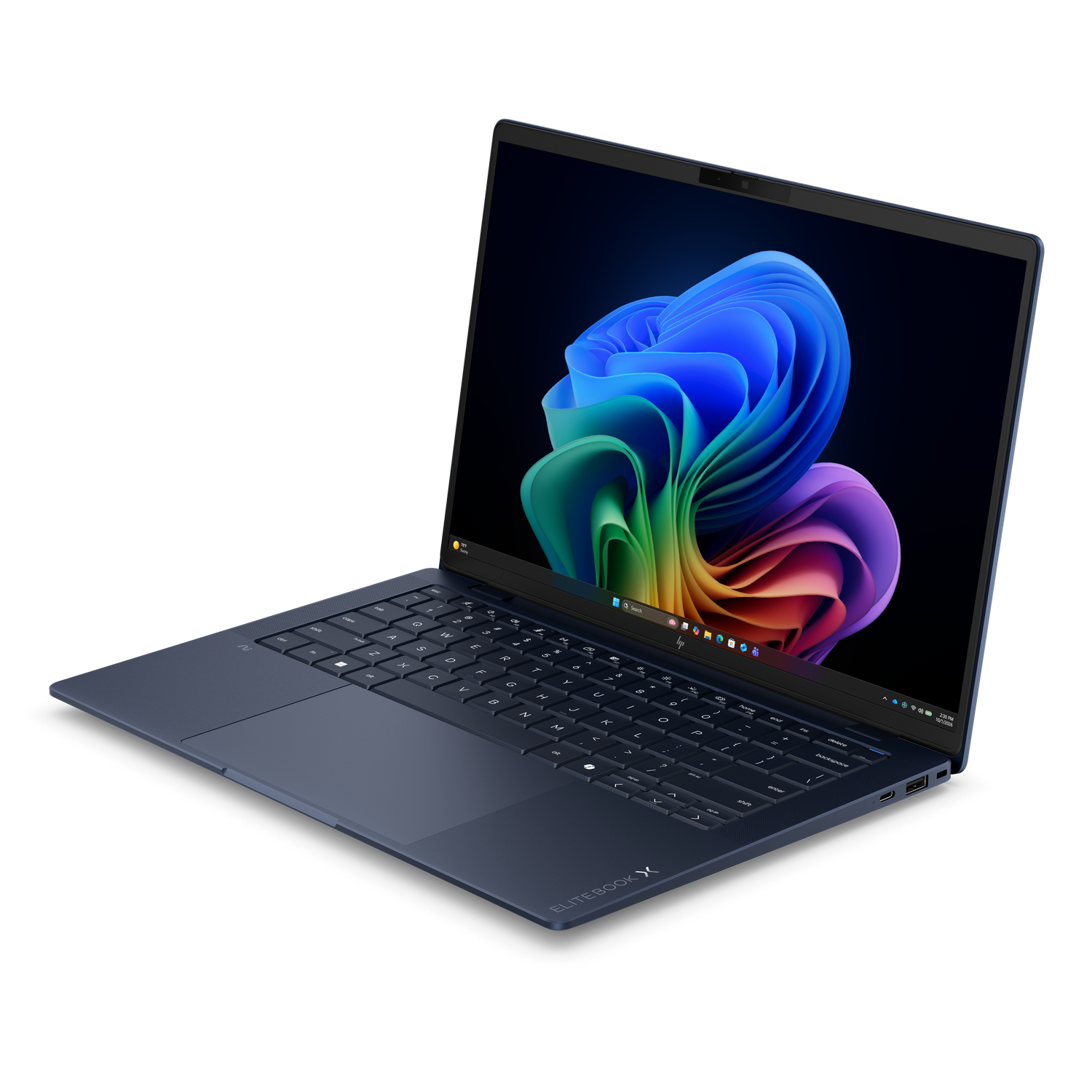 Een donkerblauwe HP Elitebook laptop met een kleurrijke achtergrondafbeelding.