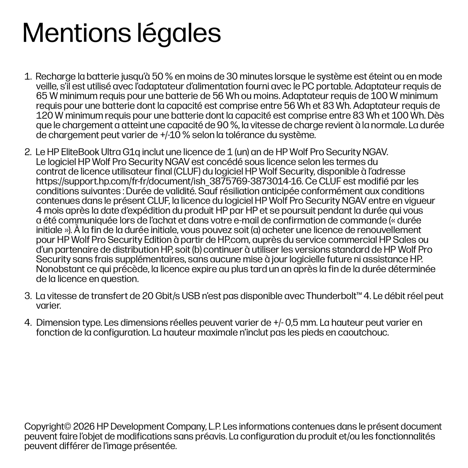 Affichage textuel des mentions légales avec sections numérotées.