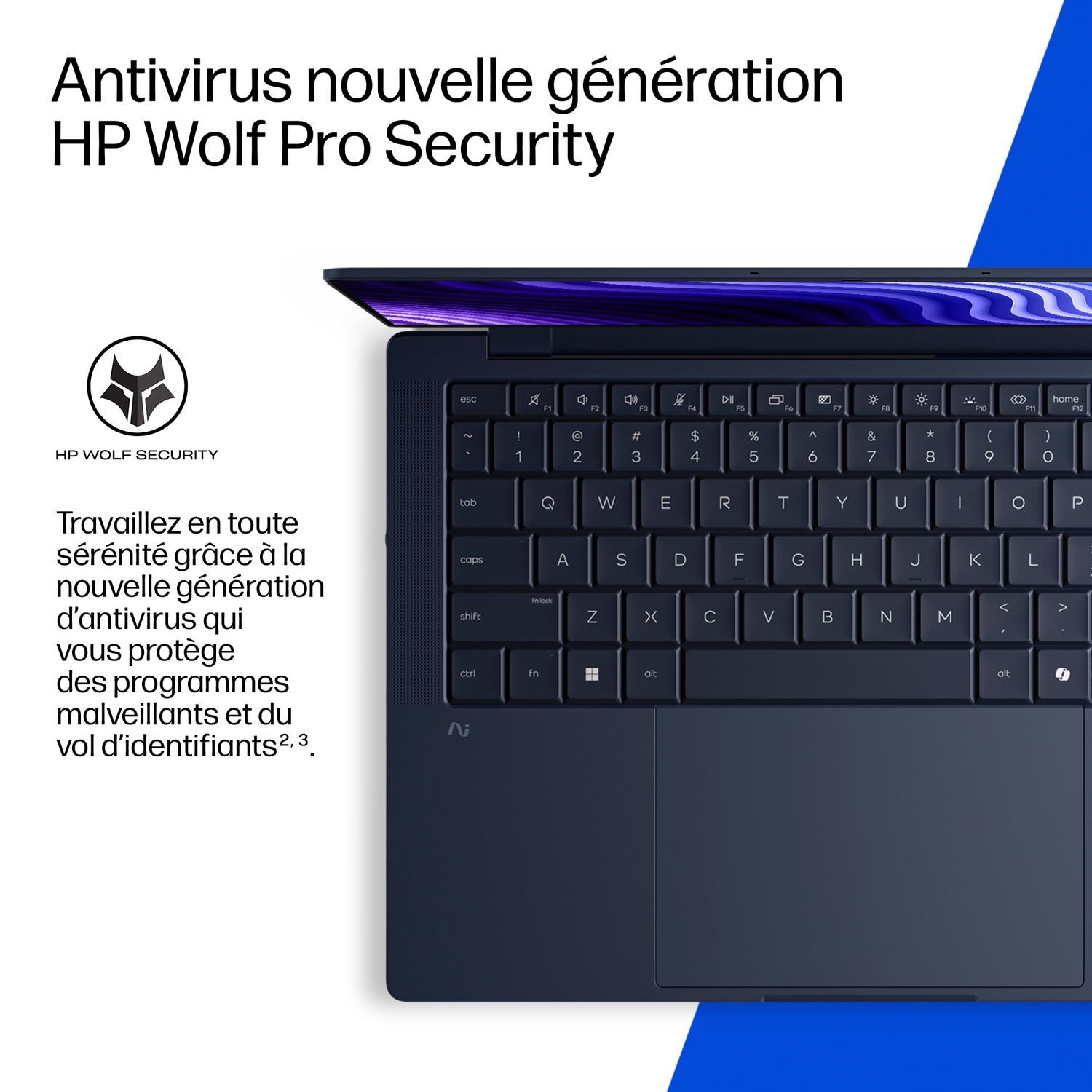 Ordinateur portable HP bleu foncé avec clavier et texte faisant la promotion de HP Wolf Pro Security.