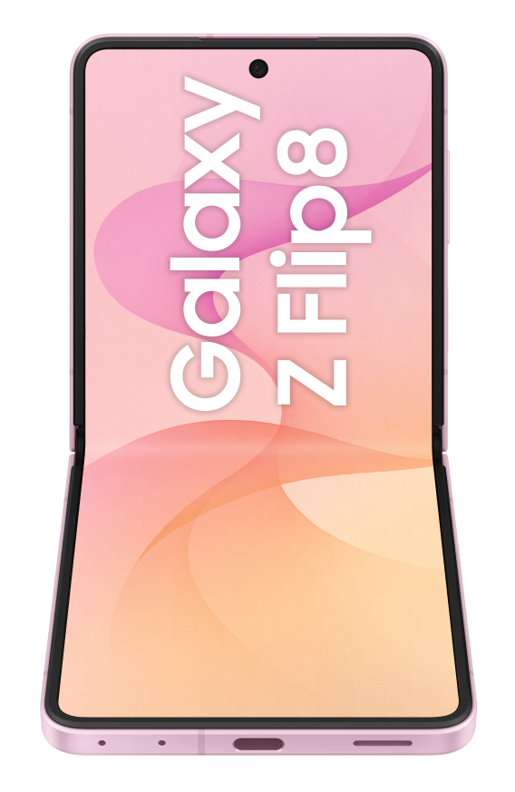 Otwarty jasnoróżowy telefon Samsung Galaxy Z Flip 8 z falistym wzorem.