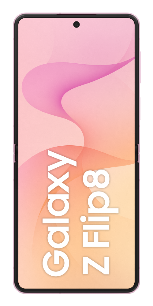 Różowy składany smartfon z białym napisem „Galaxy Z Flip 8”.