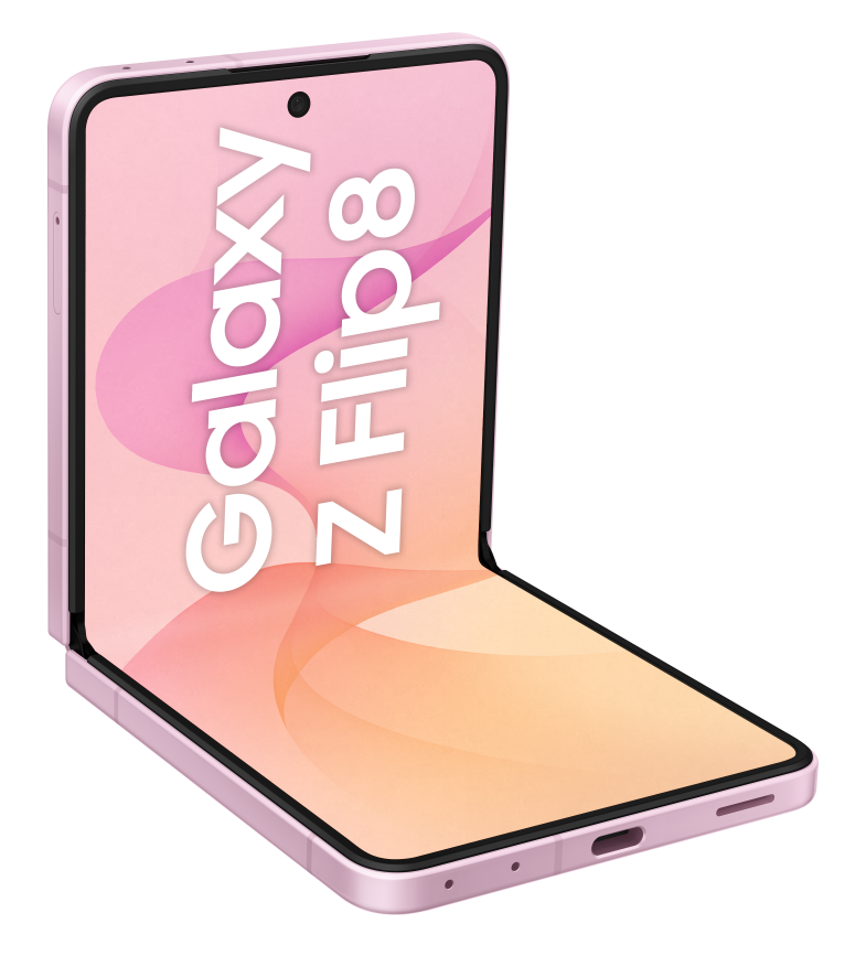 Różowy, składany telefon Samsung Galaxy Z Flip 8 jest otwarty na białym tle.