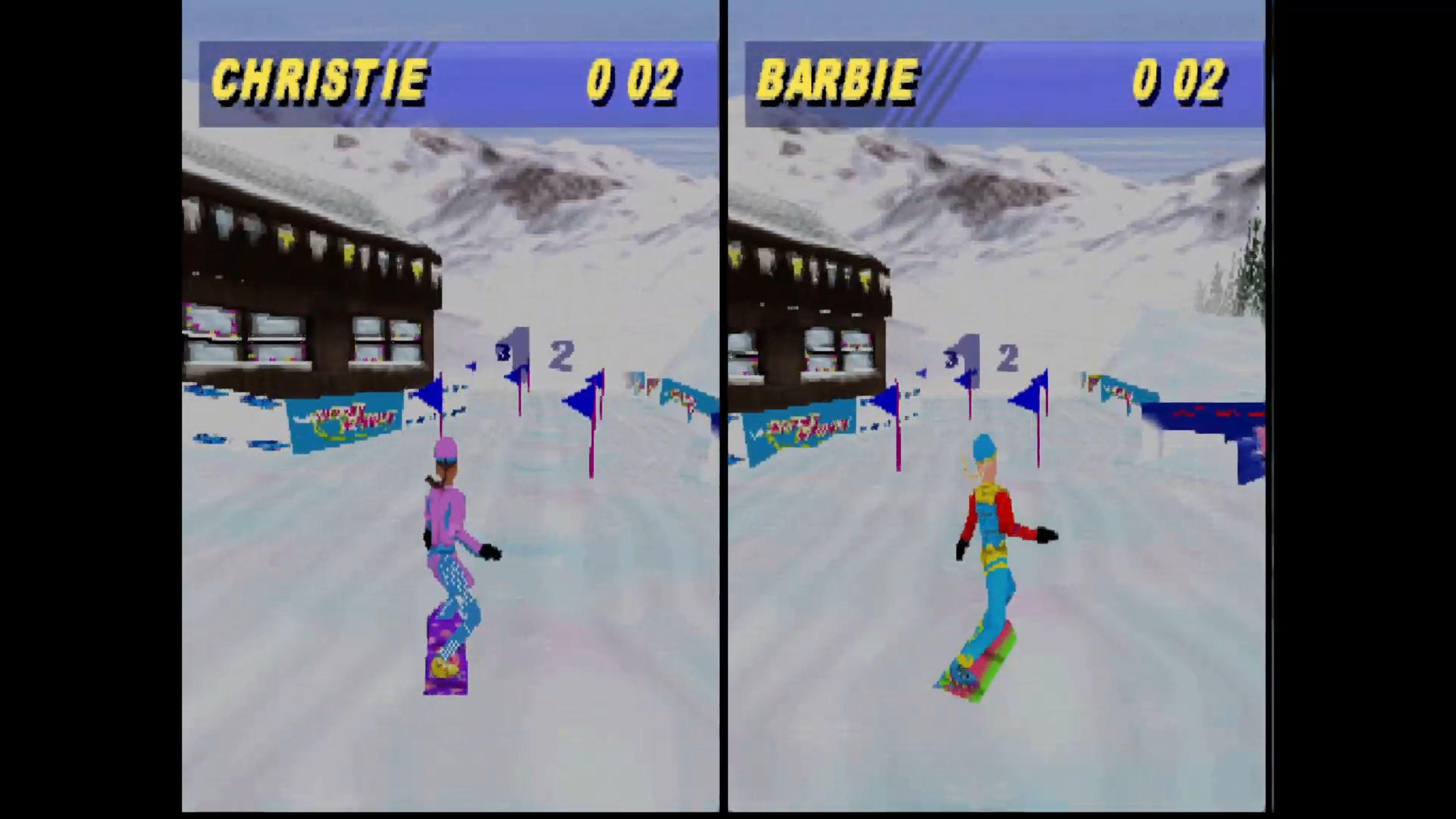 Zwei Snowboarder, Christie und Barbie, fahren auf einem verschneiten Hang an einem Gebäude vorbei.