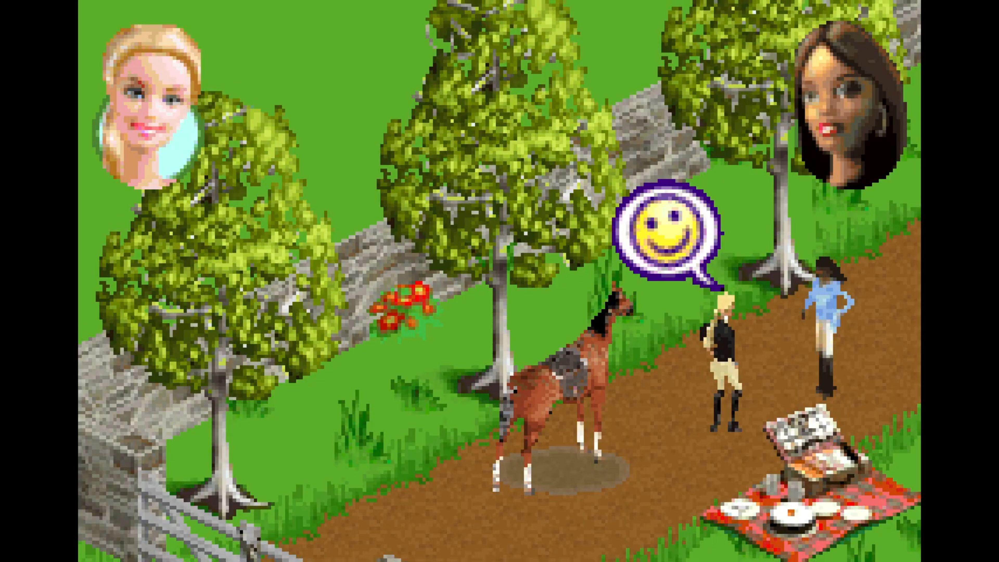 Zwei Mädchen, ein Pferd, ein Picknick und ein Smiley-Symbol auf grünem Hintergrund.