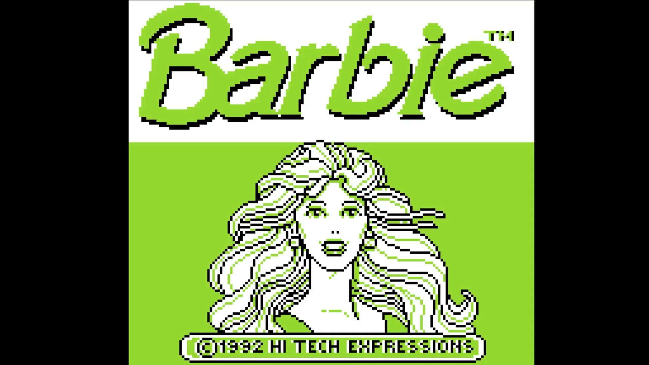 Barbie-Logo und pixeliges Porträt einer Frau mit langen, welligen Haaren.