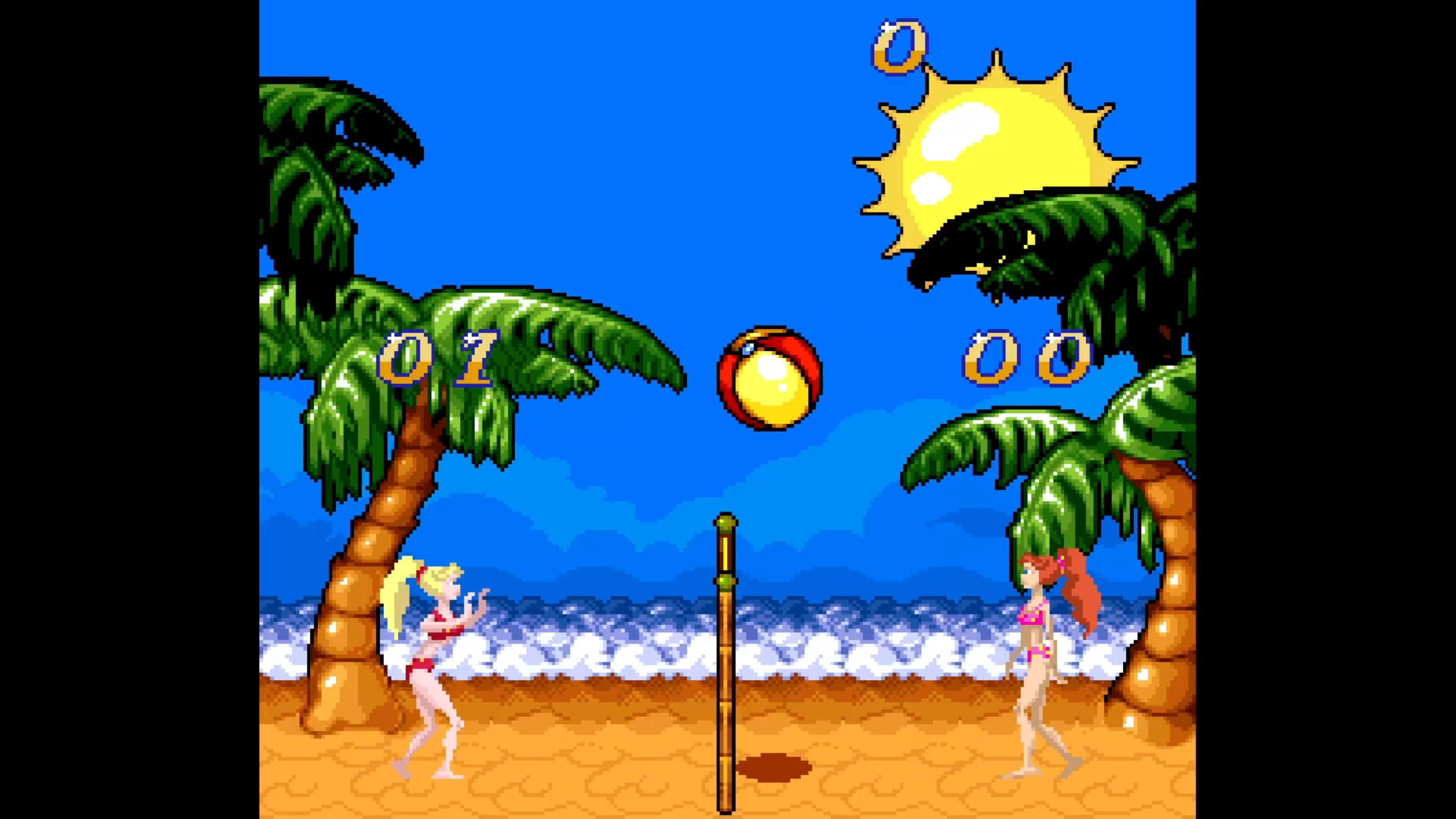 Zwei Frauen spielen Beachvolleyball unter Palmen bei Sonnenschein.