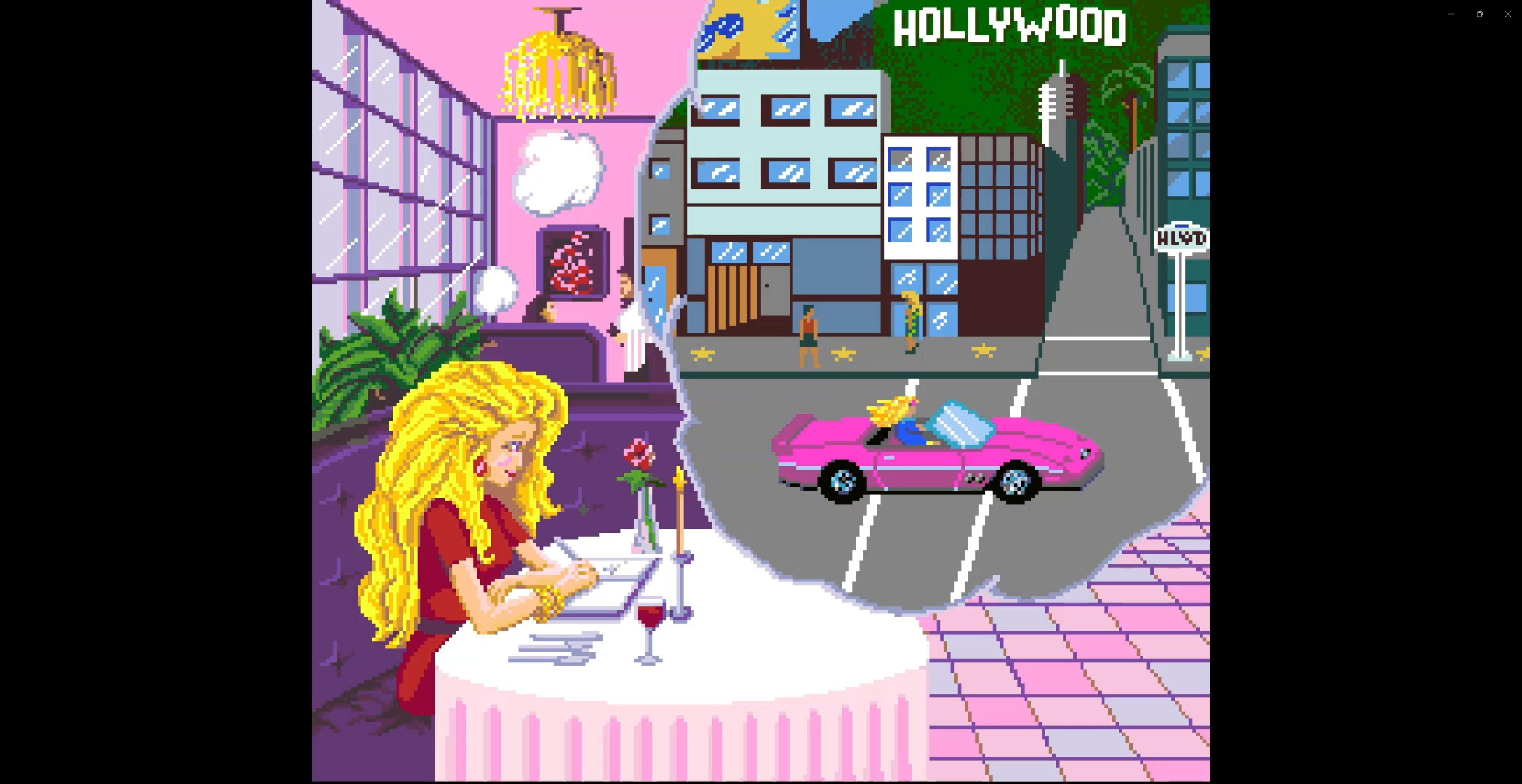 Eine Frau isst in einem Restaurant, während sie sich einen rosa Sportwagen vorstellt.