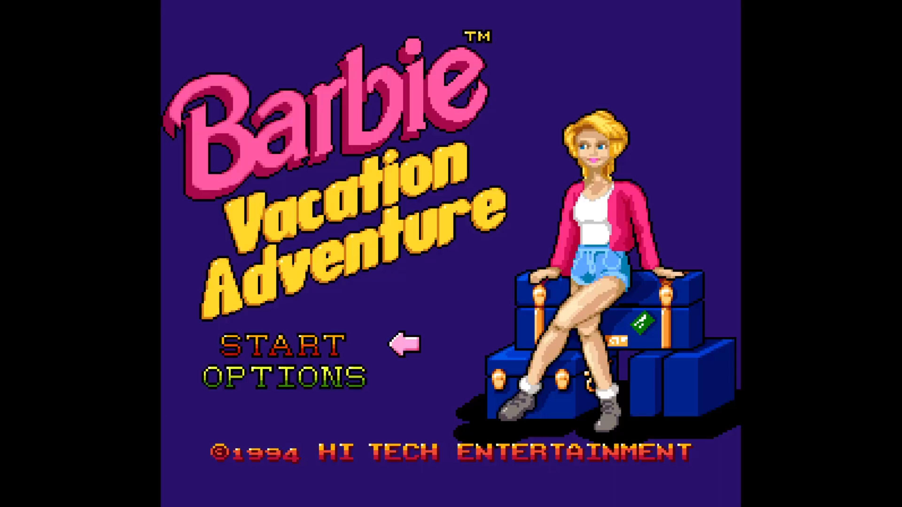 Barbie Vacation Adventure Titelbildschirm mit Barbie, die auf Koffern sitzt.