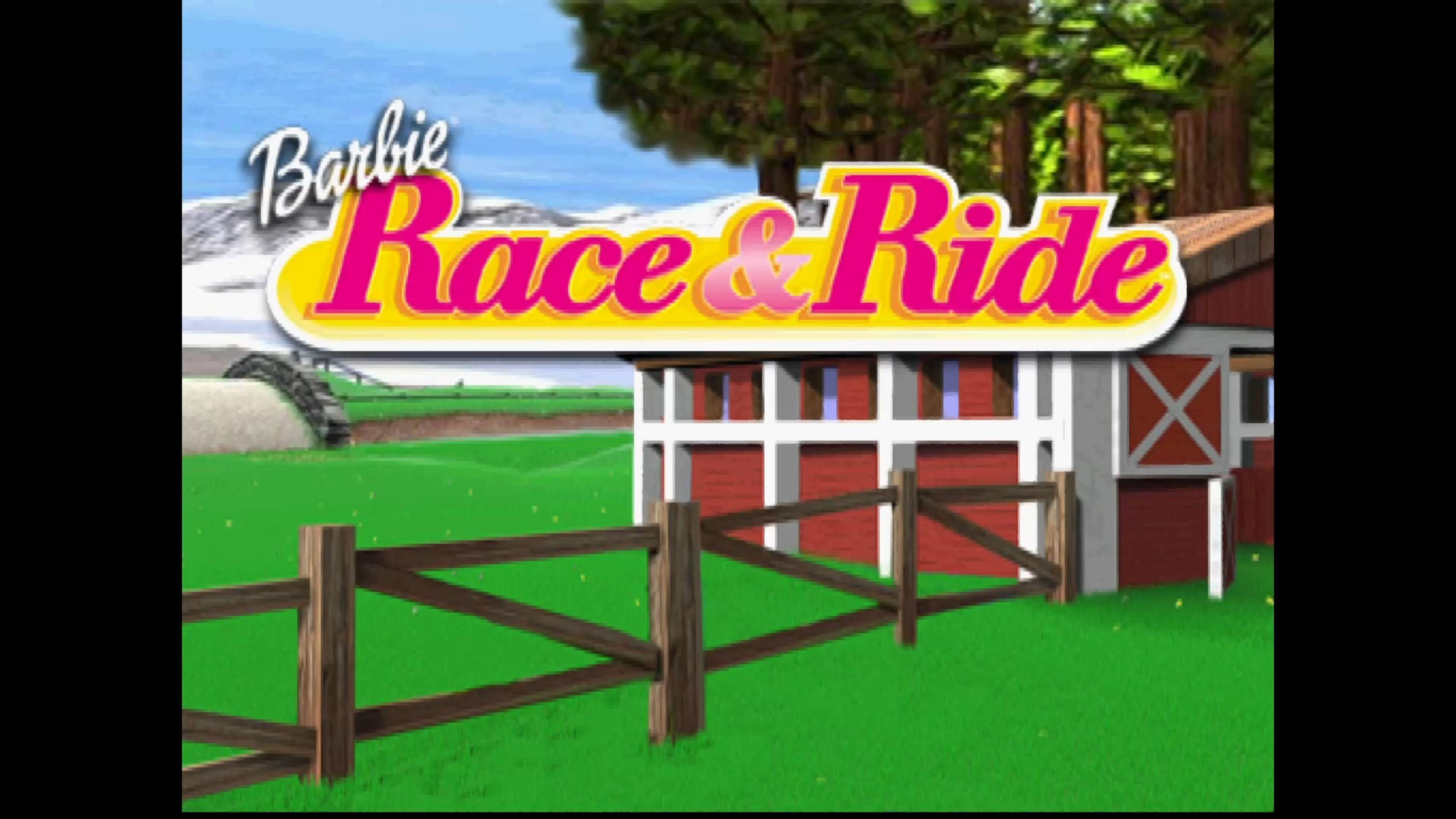 Barbie Race & Ride Logo über einer Scheune und grüner Wiese.