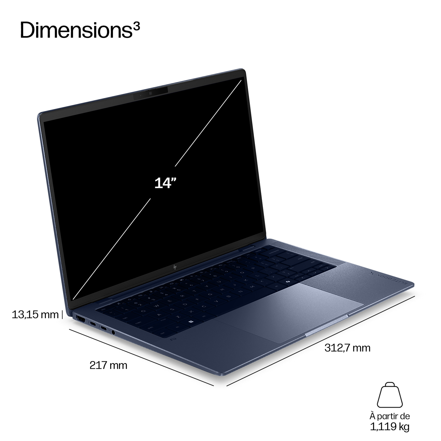 Un ordinateur portable bleu foncé avec écran de 14" affiche les dimensions : 217mm largeur, 13,15mm hauteur, 312,7mm profondeur, 1,119kg.