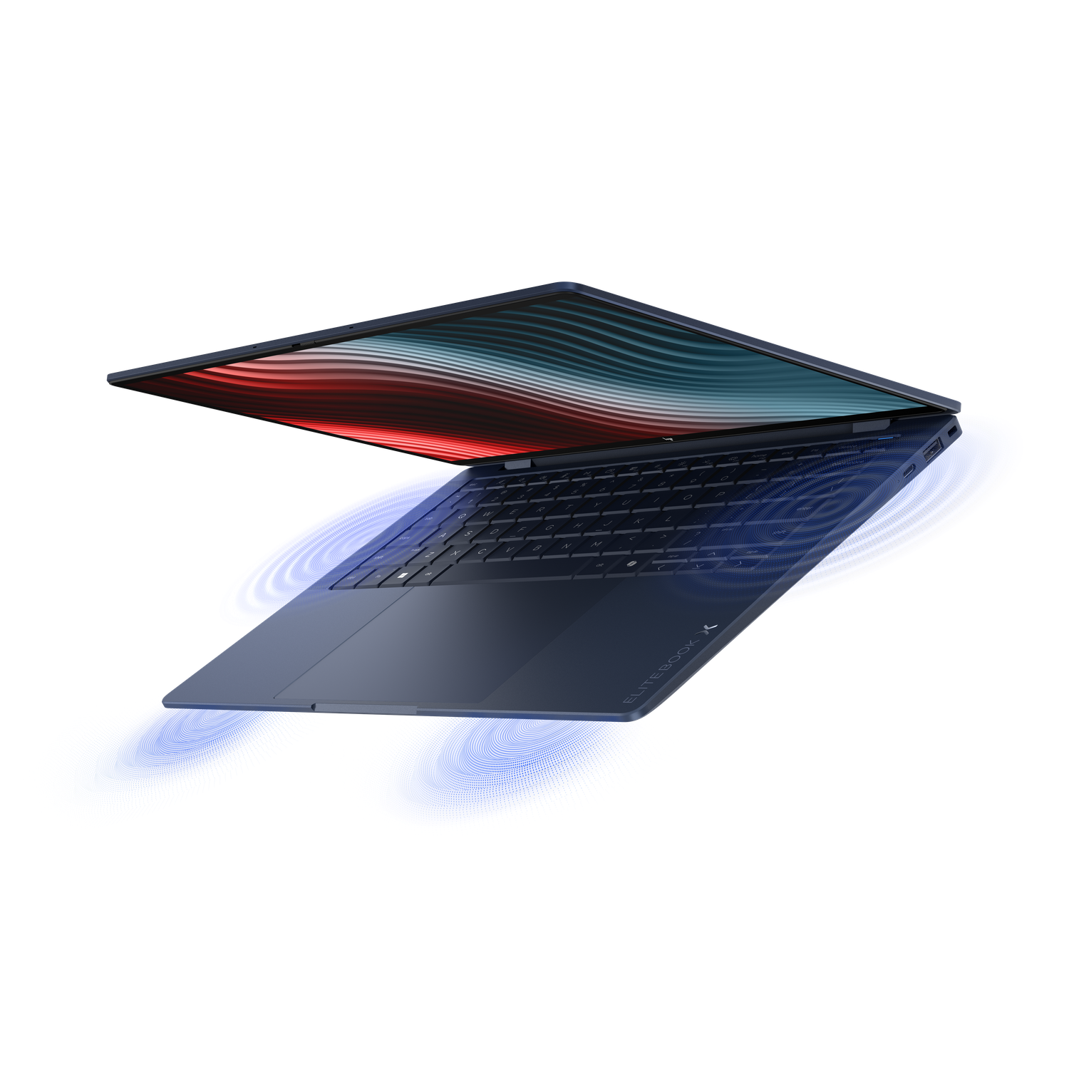 Een donkerblauwe HP Elitebook laptop met open scherm die abstracte golvende lijnen in rood, blauw en wit toont.