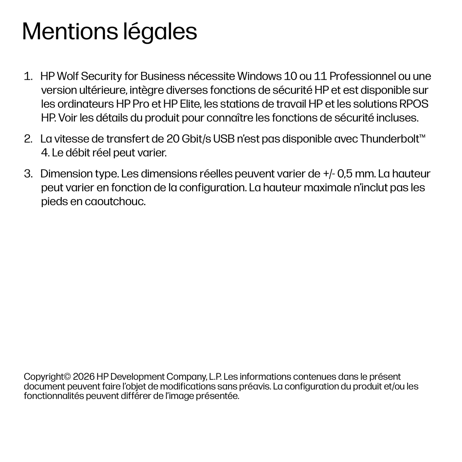 Texte sur les mentions légales, exigences système et dimensions.