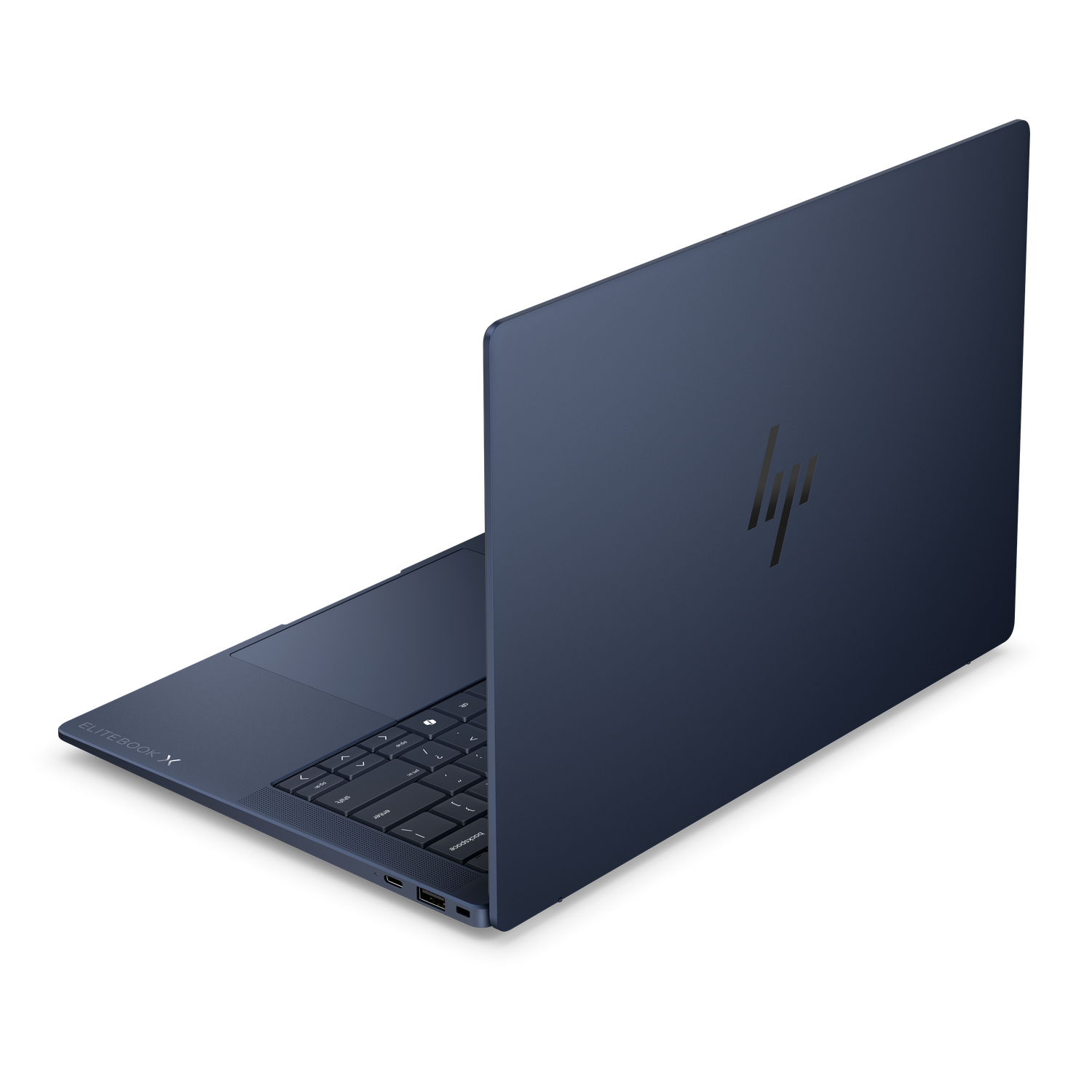 Donkerblauwe HP Elitebook laptop met toetsenbord en HP logo.