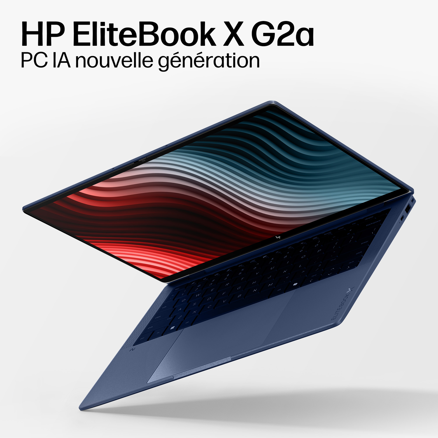 Un ordinateur portable HP EliteBook bleu avec un fond d'écran abstrait.