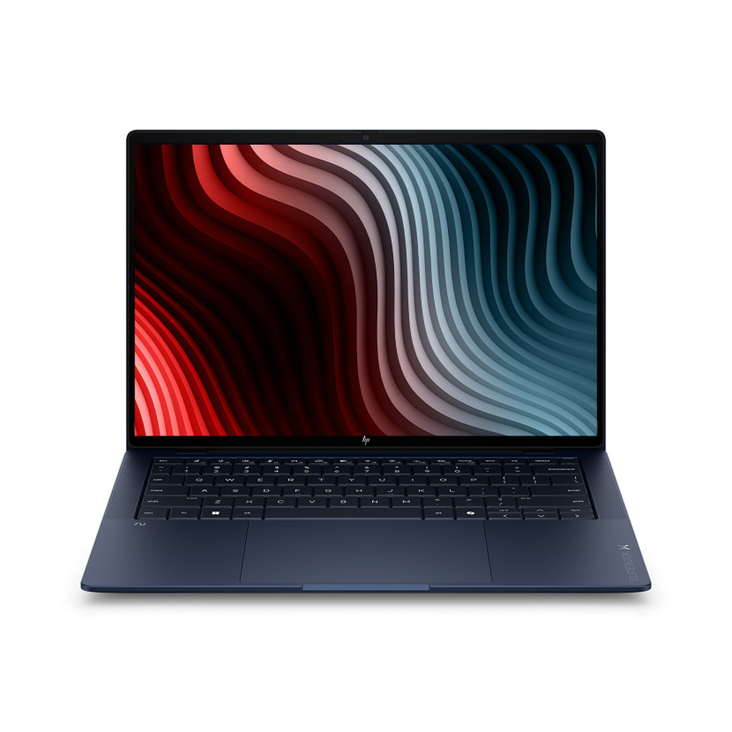 Donkerblauwe laptop met golvend behang op het scherm.