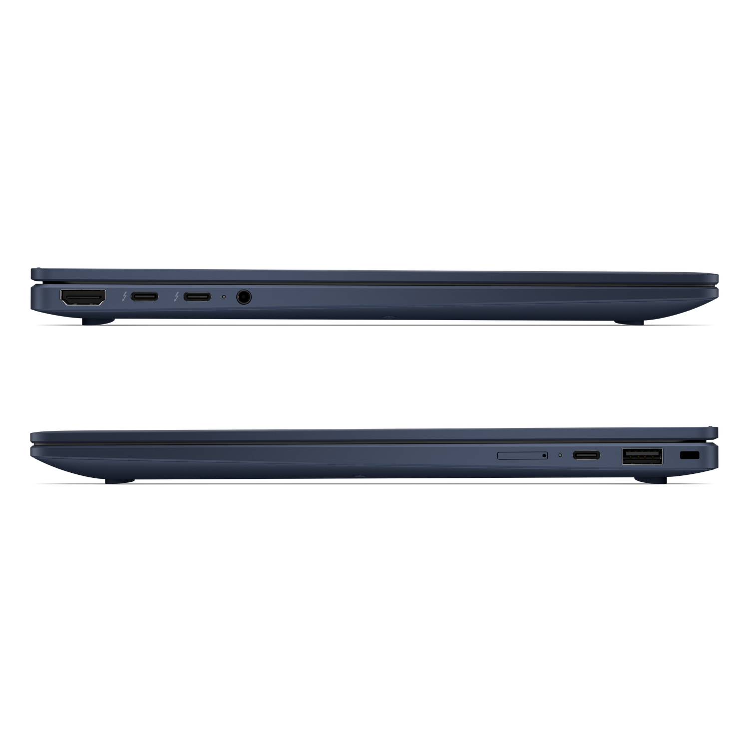 Een blauwe laptop wordt van de zijkant getoond, met poorten aan beide zijden.